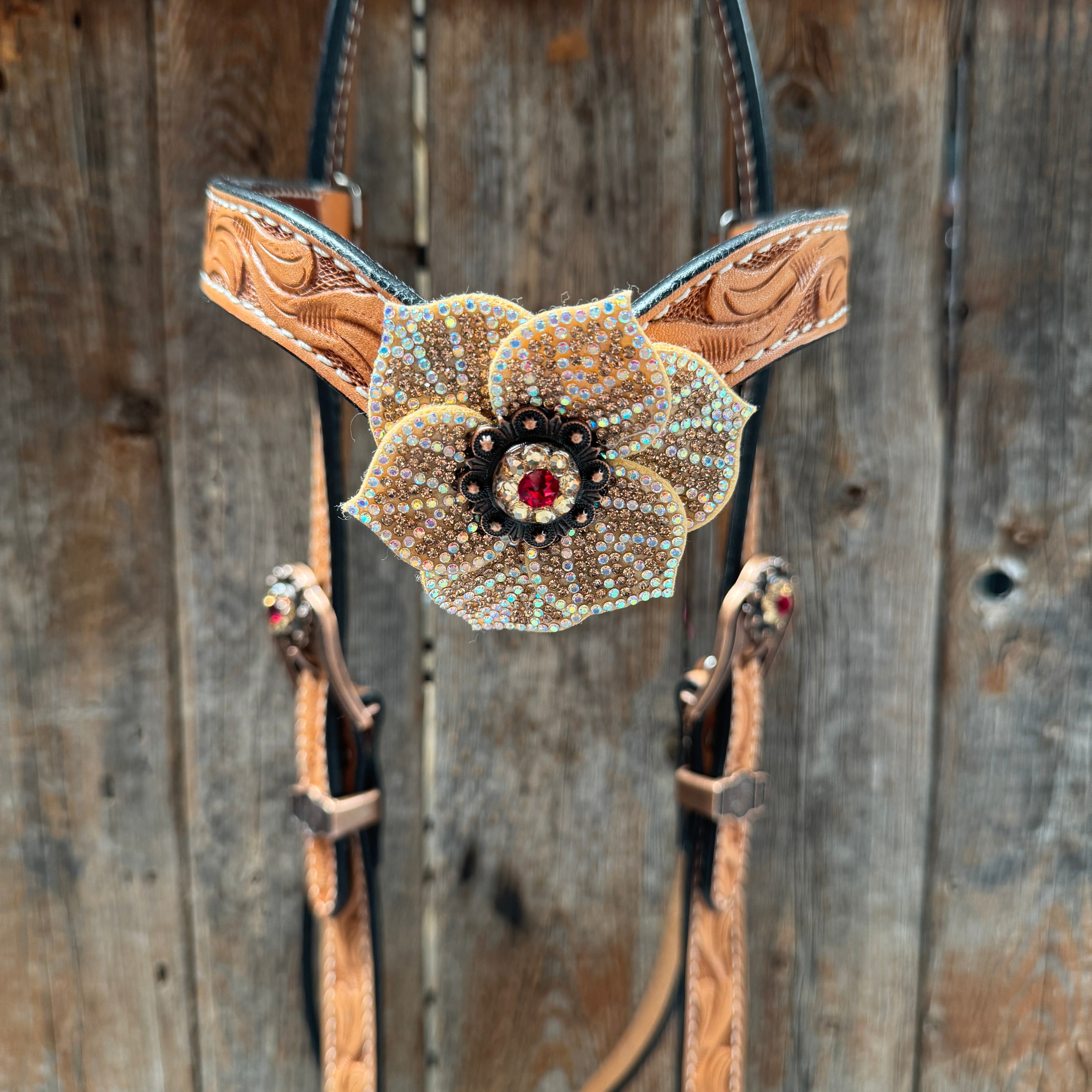 Light Oil Floral Tooled Ruby and Champagne Browband & Breastcollar Tack Set #BBBC461