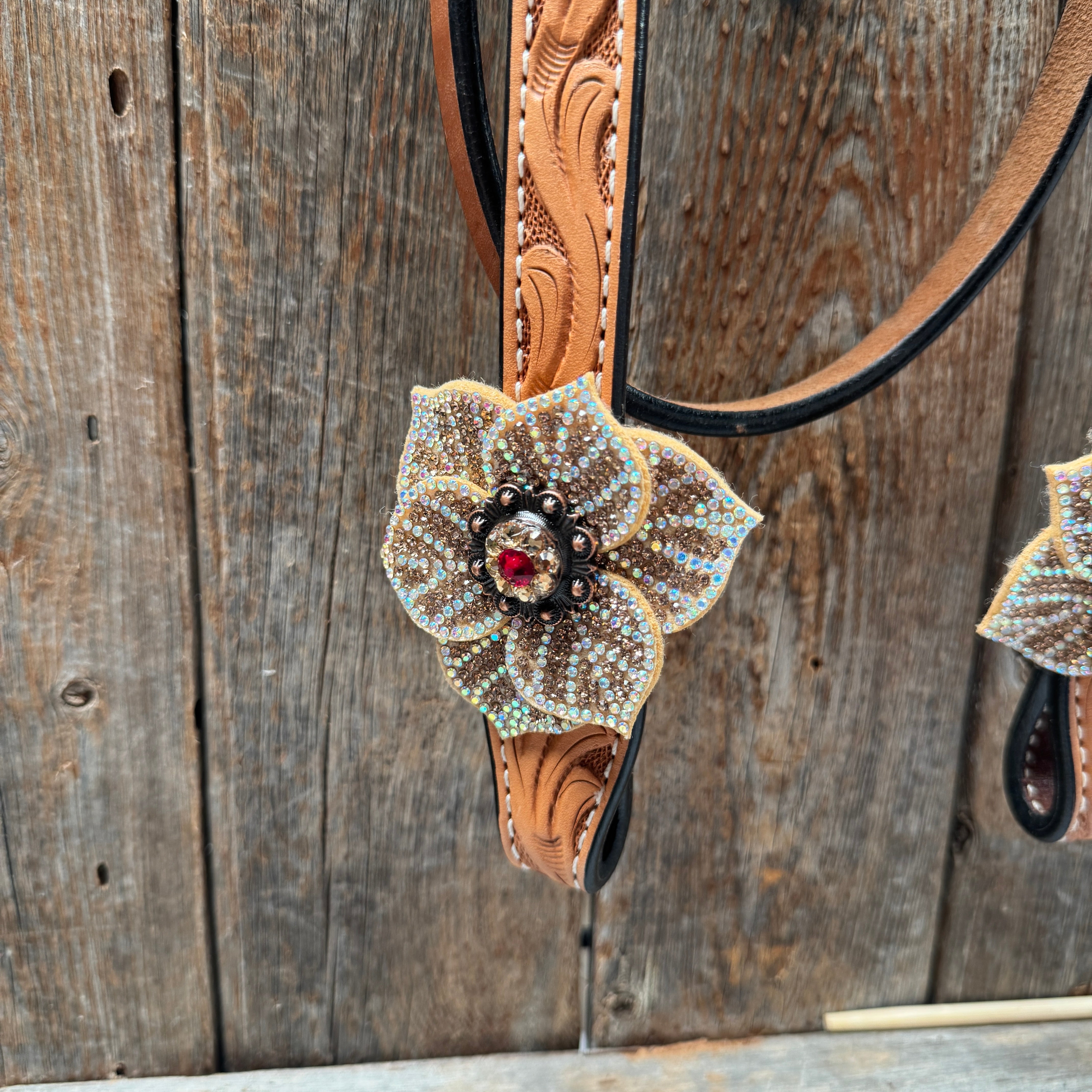 Light Oil Floral Tooled Ruby and Champagne Browband & Breastcollar Tack Set #BBBC461