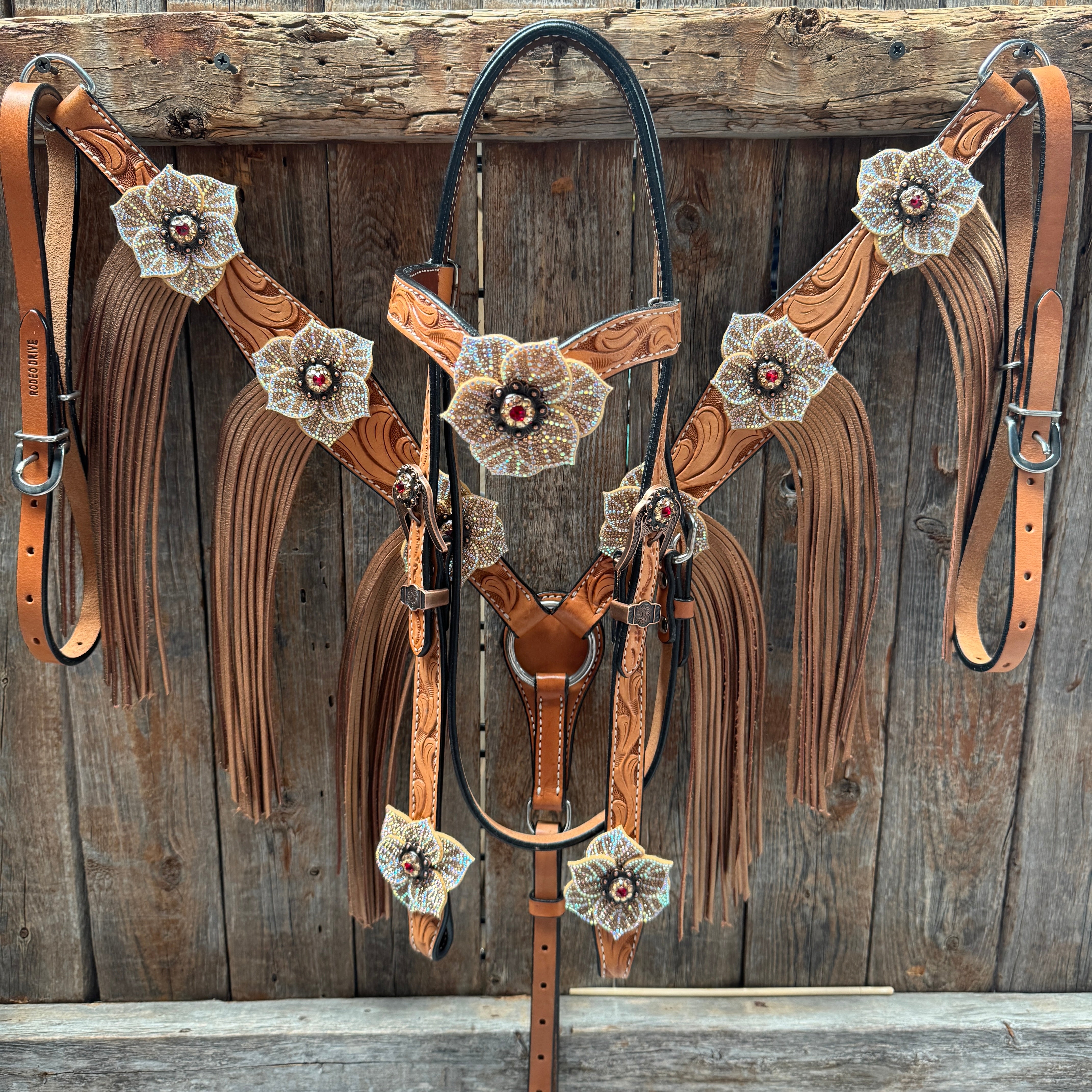 Light Oil Floral Tooled Ruby and Champagne Browband & Breastcollar Tack Set #BBBC461