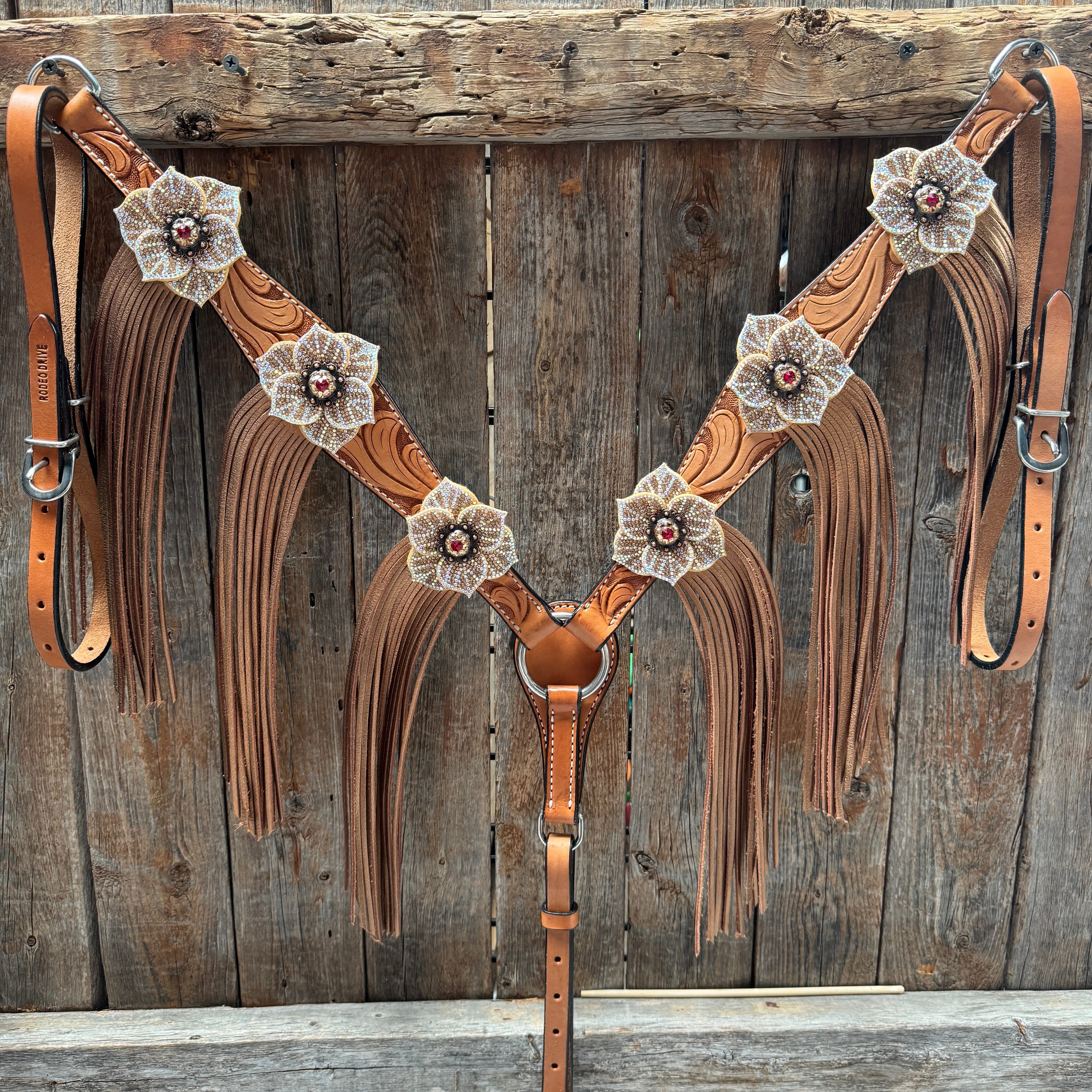 Light Oil Floral Tooled Ruby and Champagne Browband & Breastcollar Tack Set #BBBC461