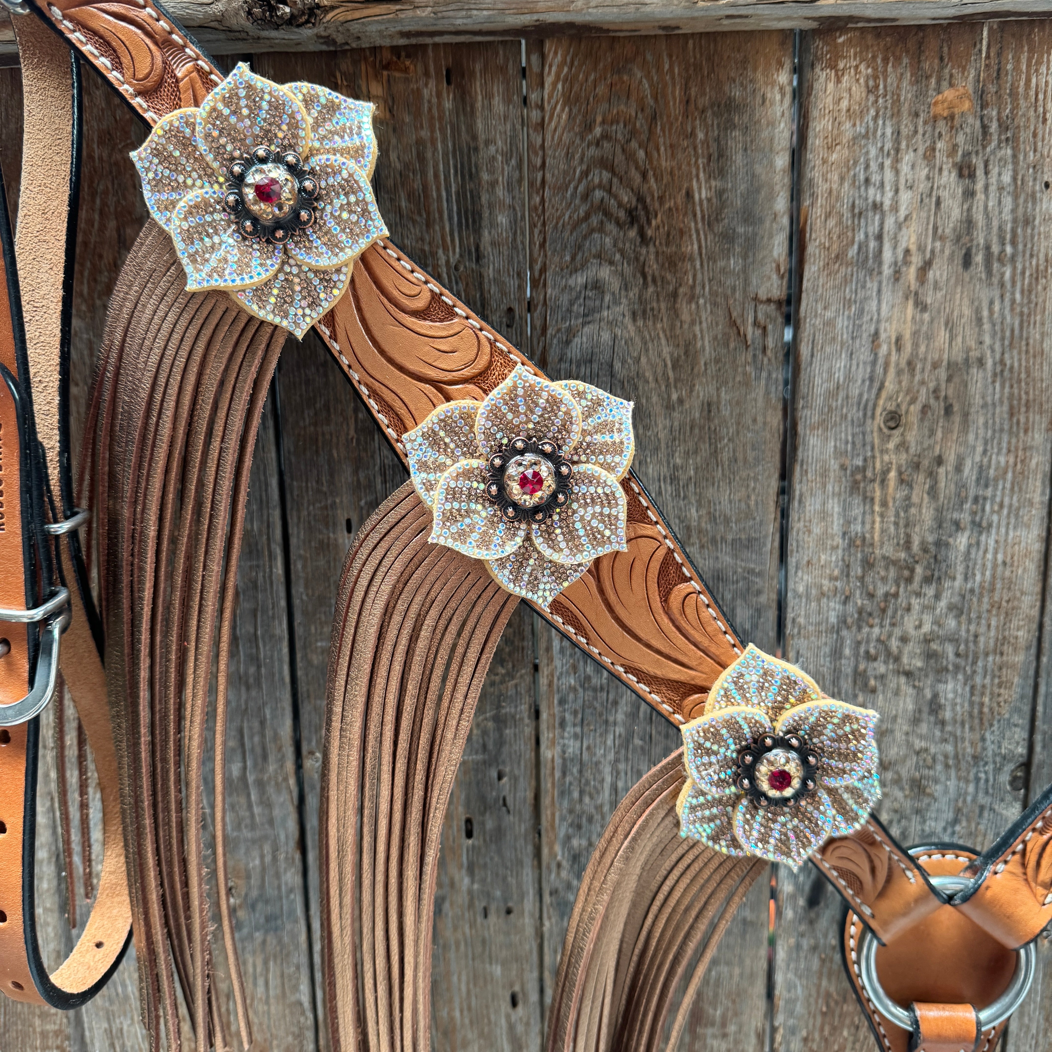 Light Oil Floral Tooled Ruby and Champagne Browband & Breastcollar Tack Set #BBBC461