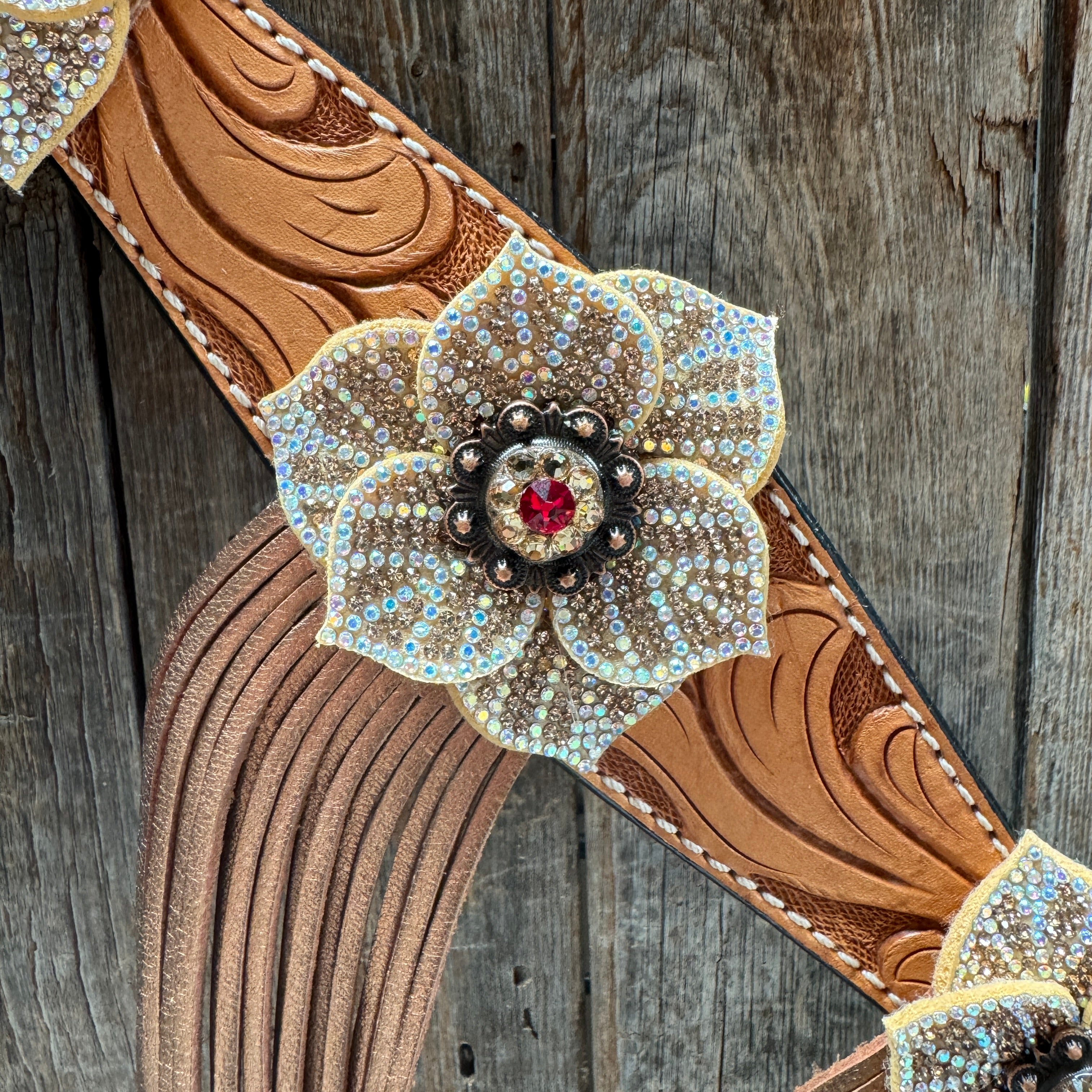 Light Oil Floral Tooled Ruby and Champagne Browband & Breastcollar Tack Set #BBBC461