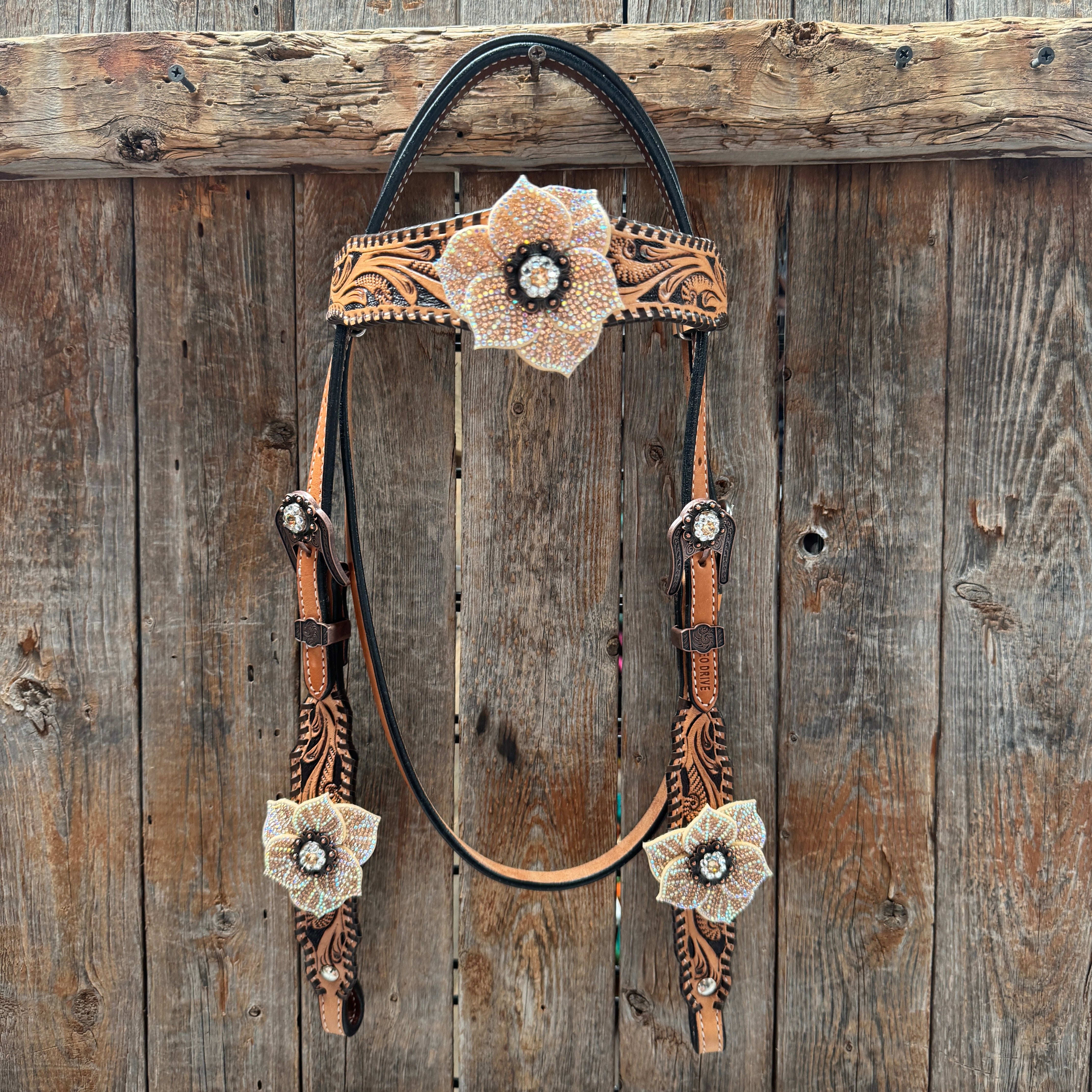 Floral Whipstitch Champagne and Clear Browband - Triangle / Gladiator Breastcollar Tack Set #BBBC462
