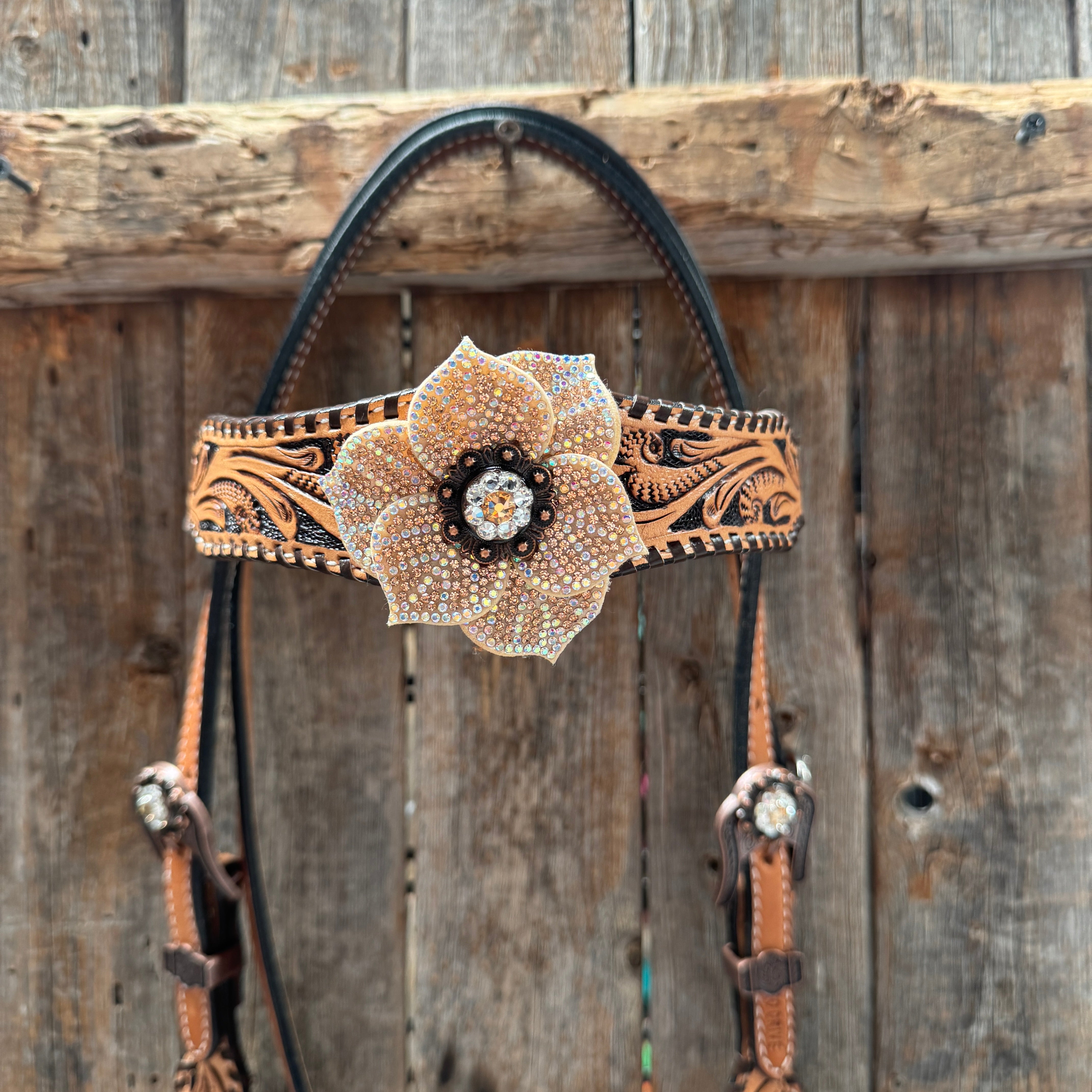 Floral Whipstitch Champagne and Clear Browband - Triangle / Gladiator Breastcollar Tack Set #BBBC462