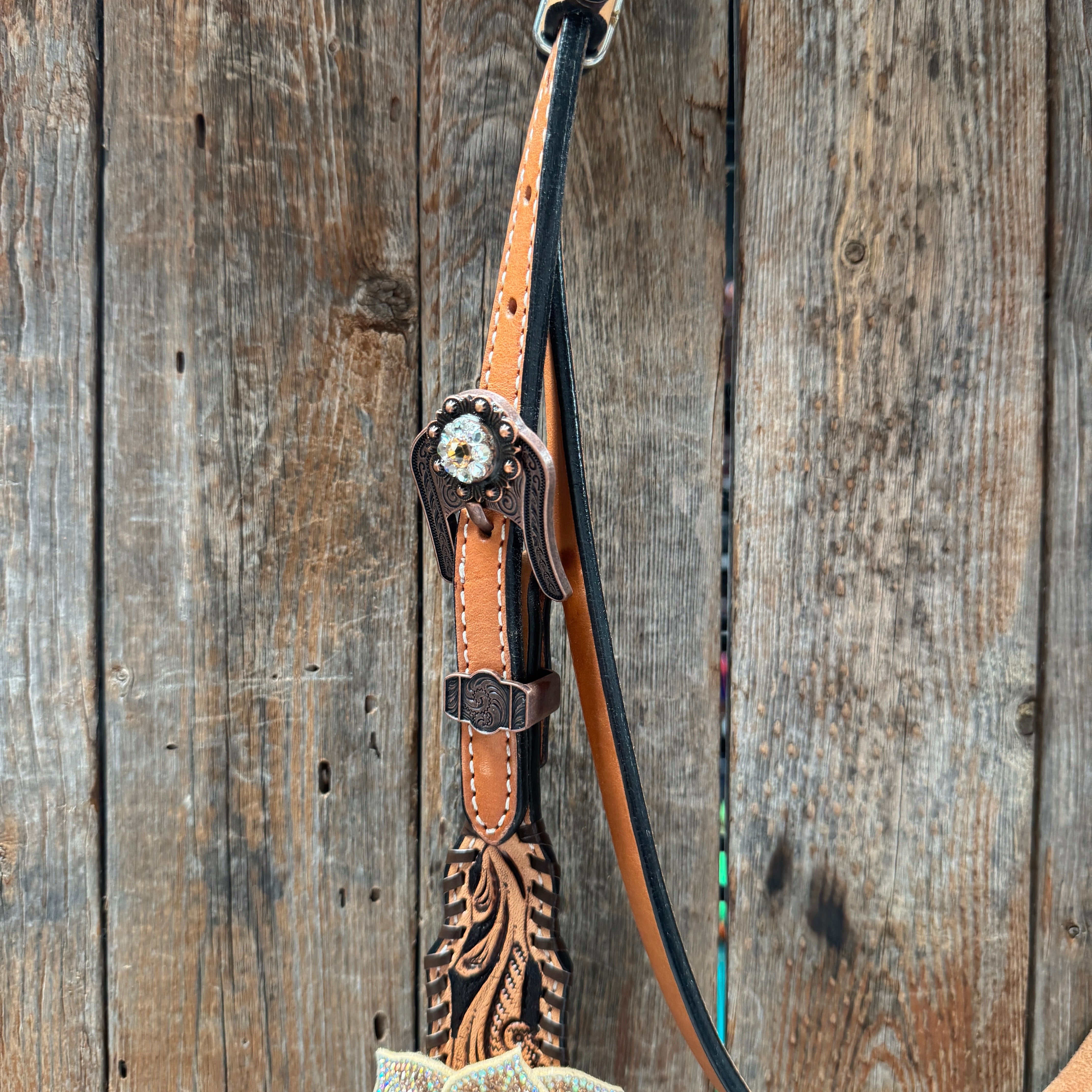 Floral Whipstitch Champagne and Clear Browband - Triangle / Gladiator Breastcollar Tack Set #BBBC462