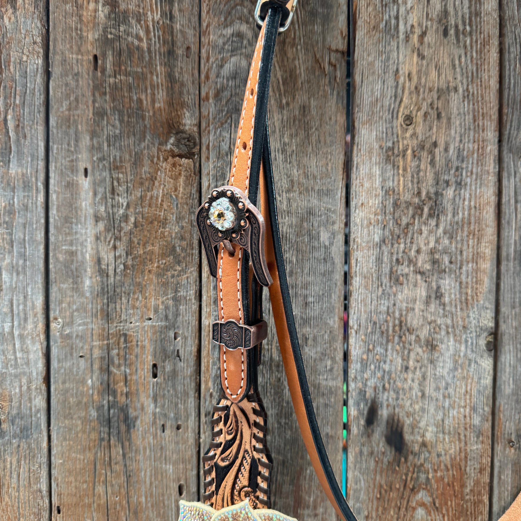Floral Whipstitch Champagne and Clear Browband - Triangle / Gladiator Breastcollar Tack Set #BBBC462