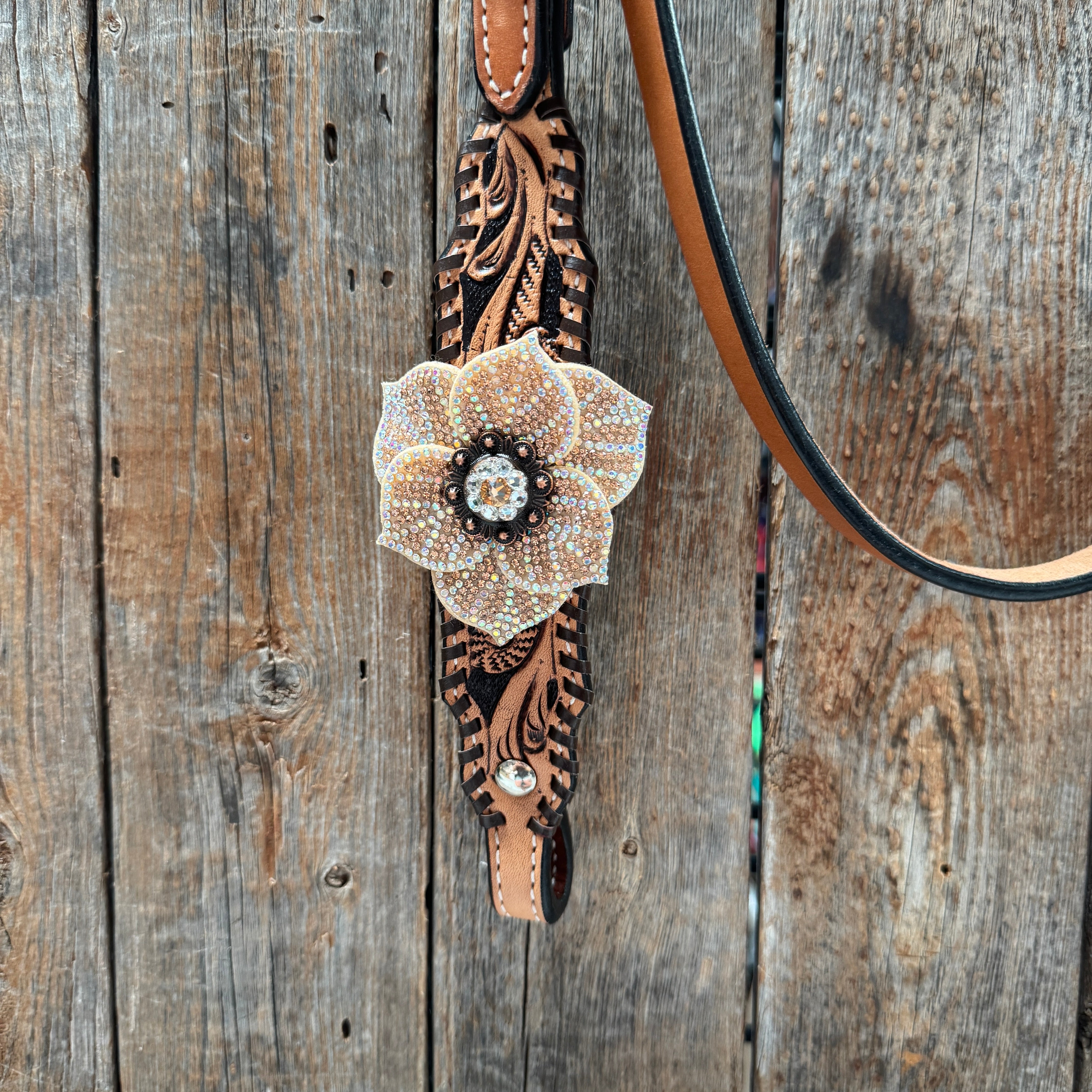 Floral Whipstitch Champagne and Clear Browband - Triangle / Gladiator Breastcollar Tack Set #BBBC462
