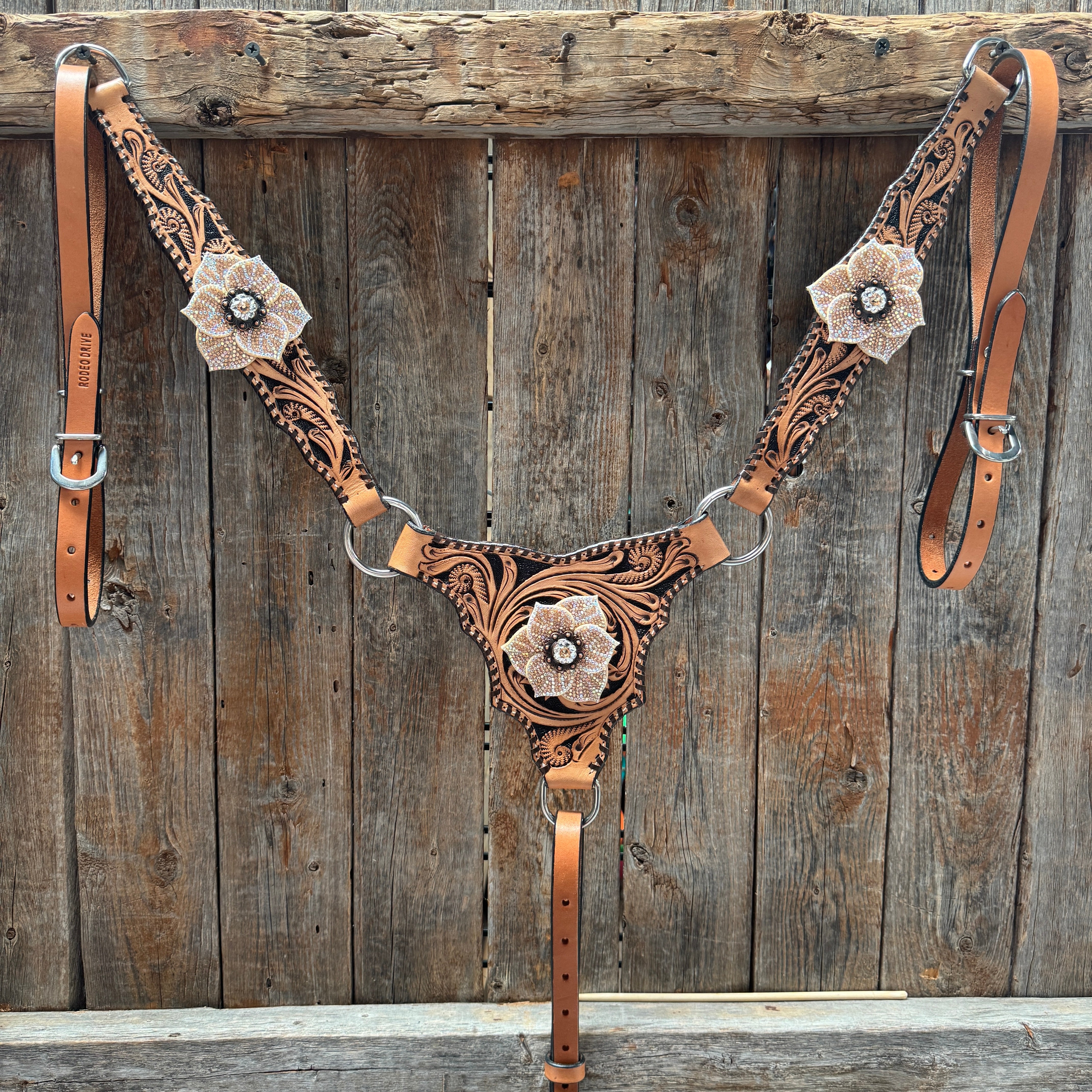 Floral Whipstitch Champagne and Clear Browband - Triangle / Gladiator Breastcollar Tack Set #BBBC462