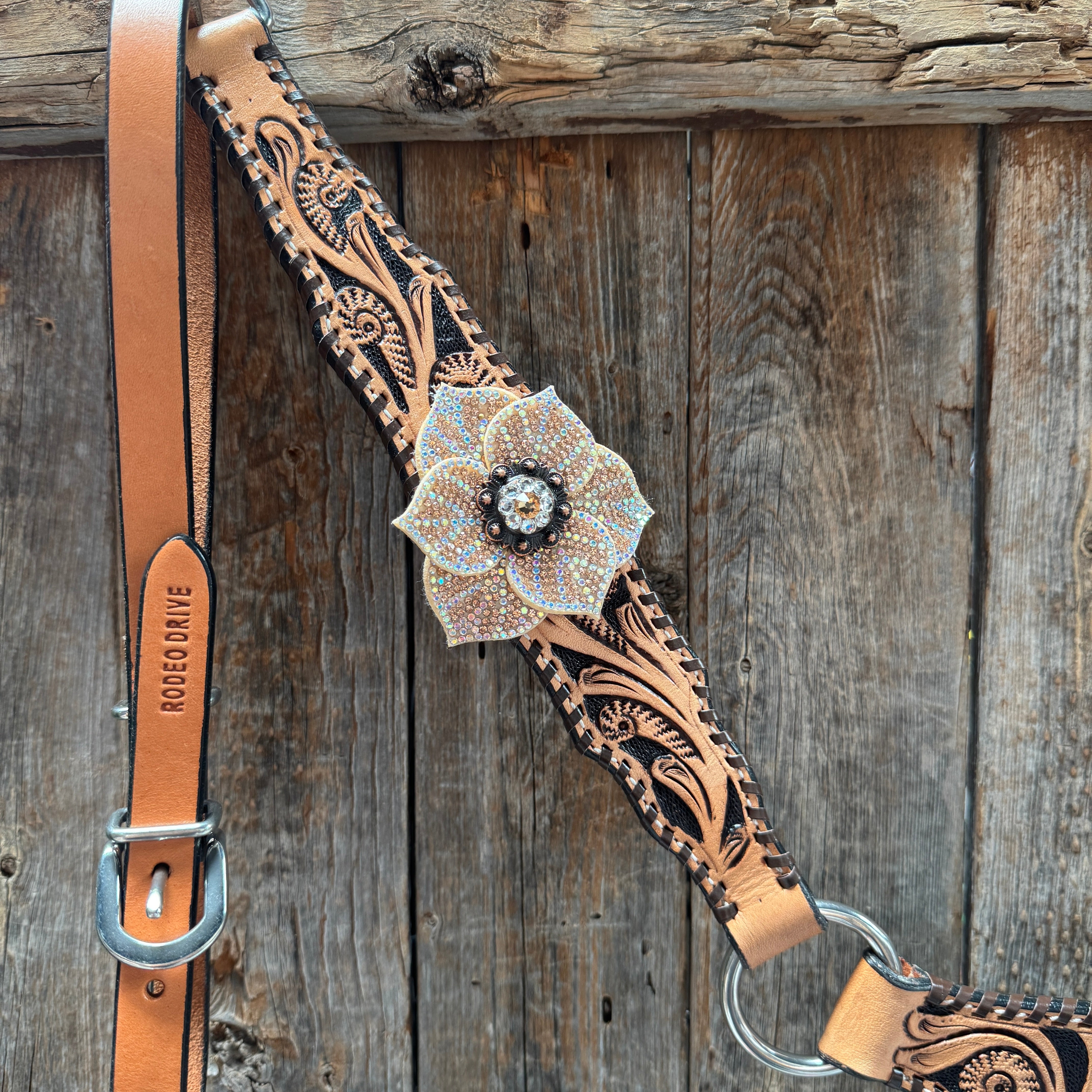 Floral Whipstitch Champagne and Clear Browband - Triangle / Gladiator Breastcollar Tack Set #BBBC462