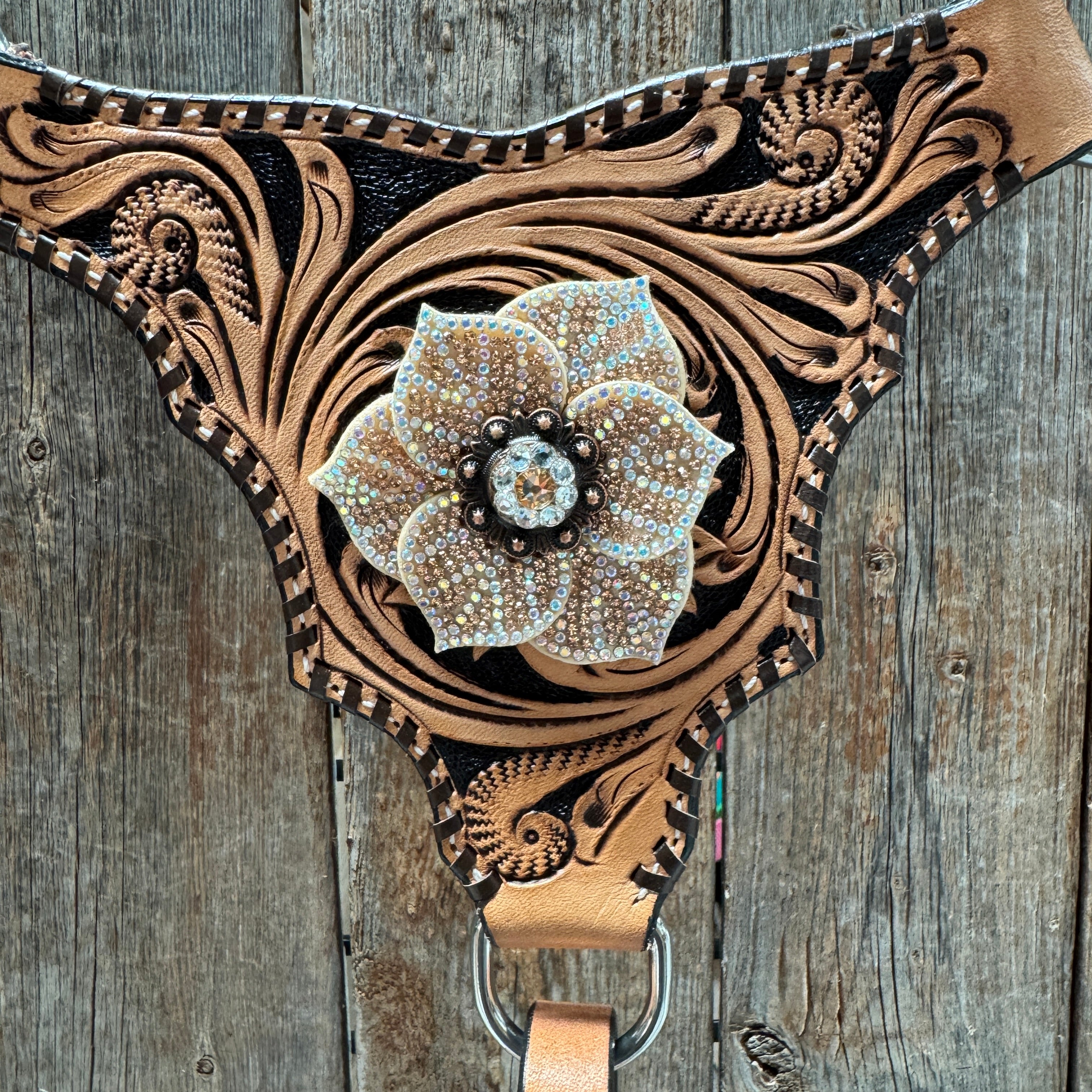 Floral Whipstitch Champagne and Clear Browband - Triangle / Gladiator Breastcollar Tack Set #BBBC462
