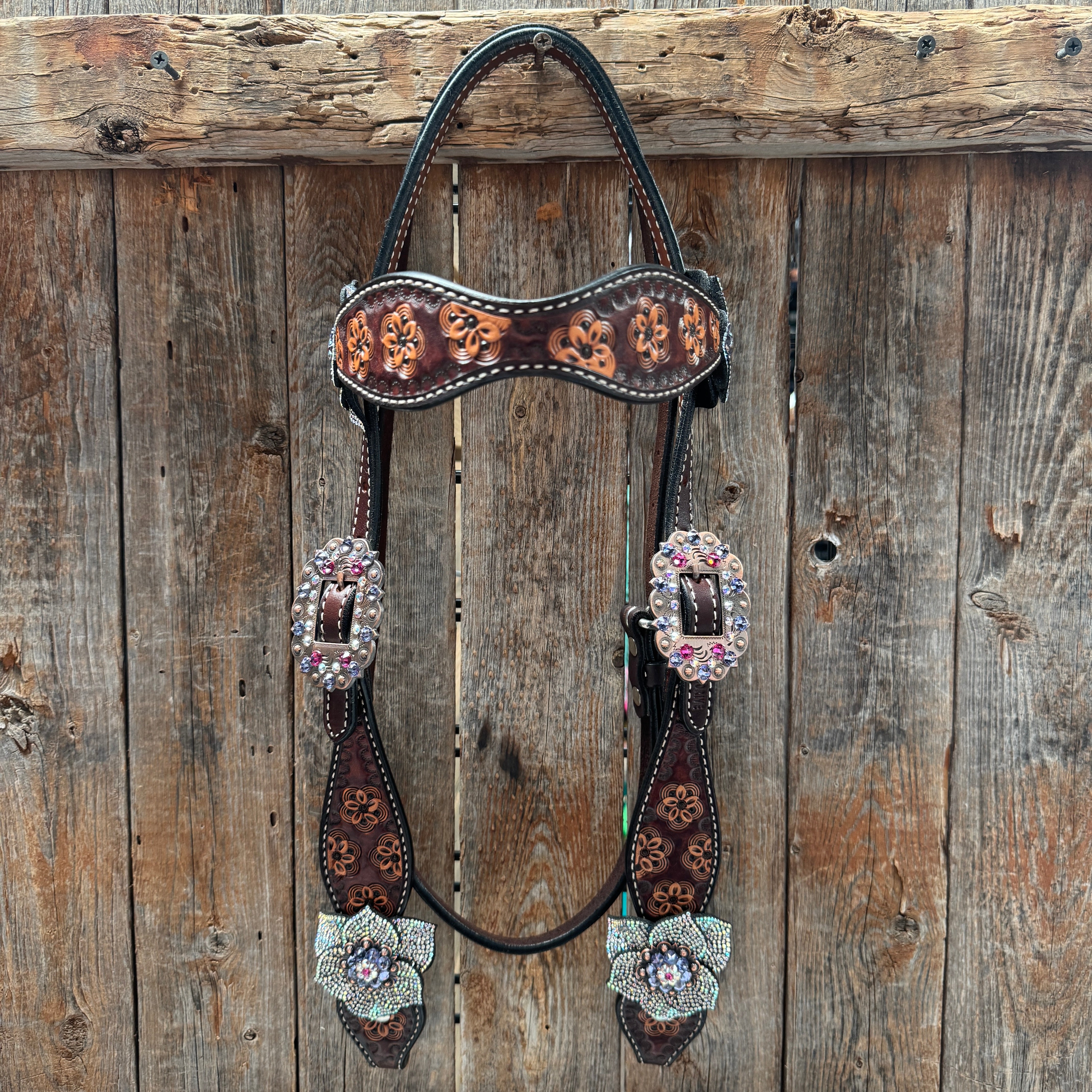Flower Power Fuchsia, AB and Lilac Browband Headstall & Breastcollar Tack Set #BBBC466