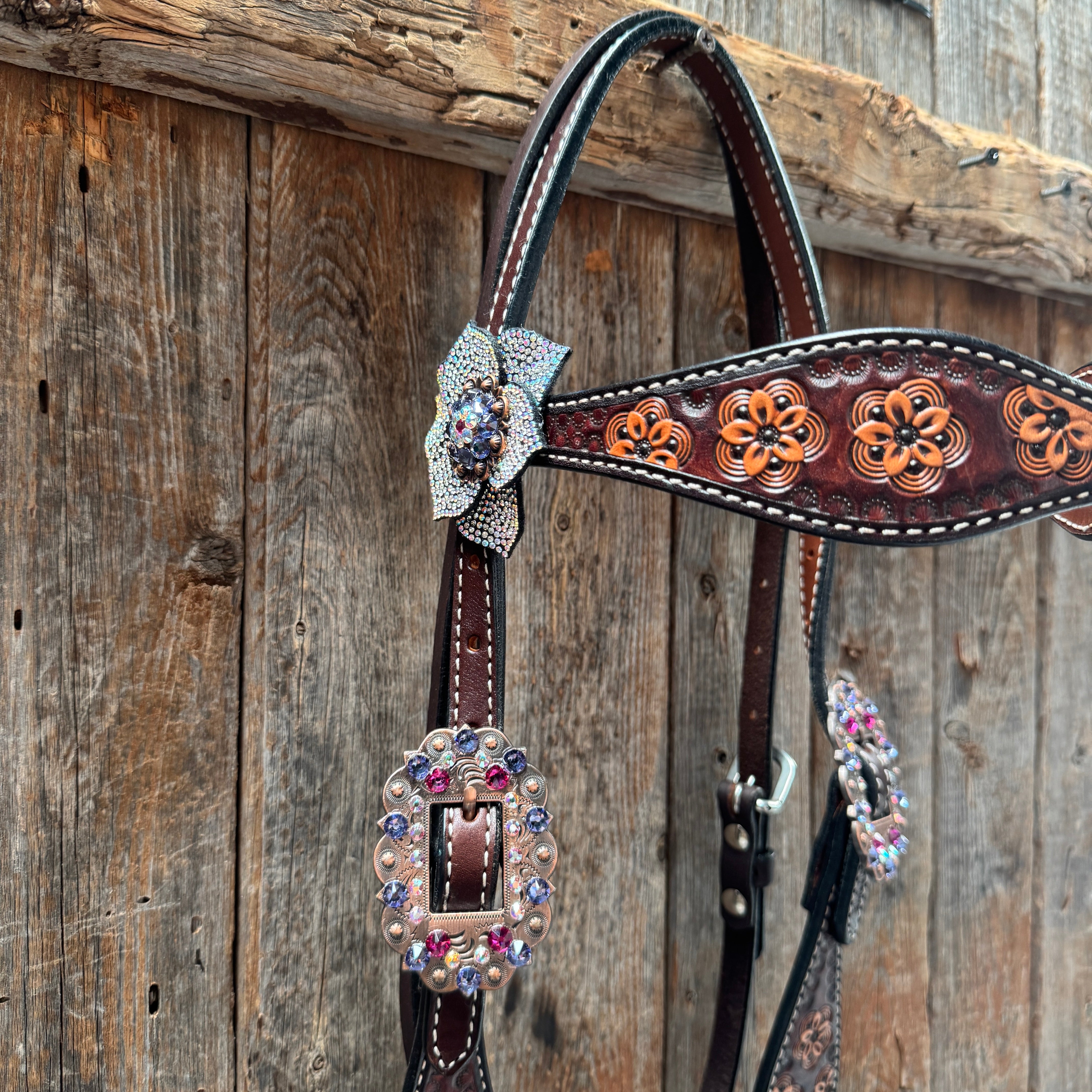 Flower Power Fuchsia, AB and Lilac Browband Headstall & Breastcollar Tack Set #BBBC466