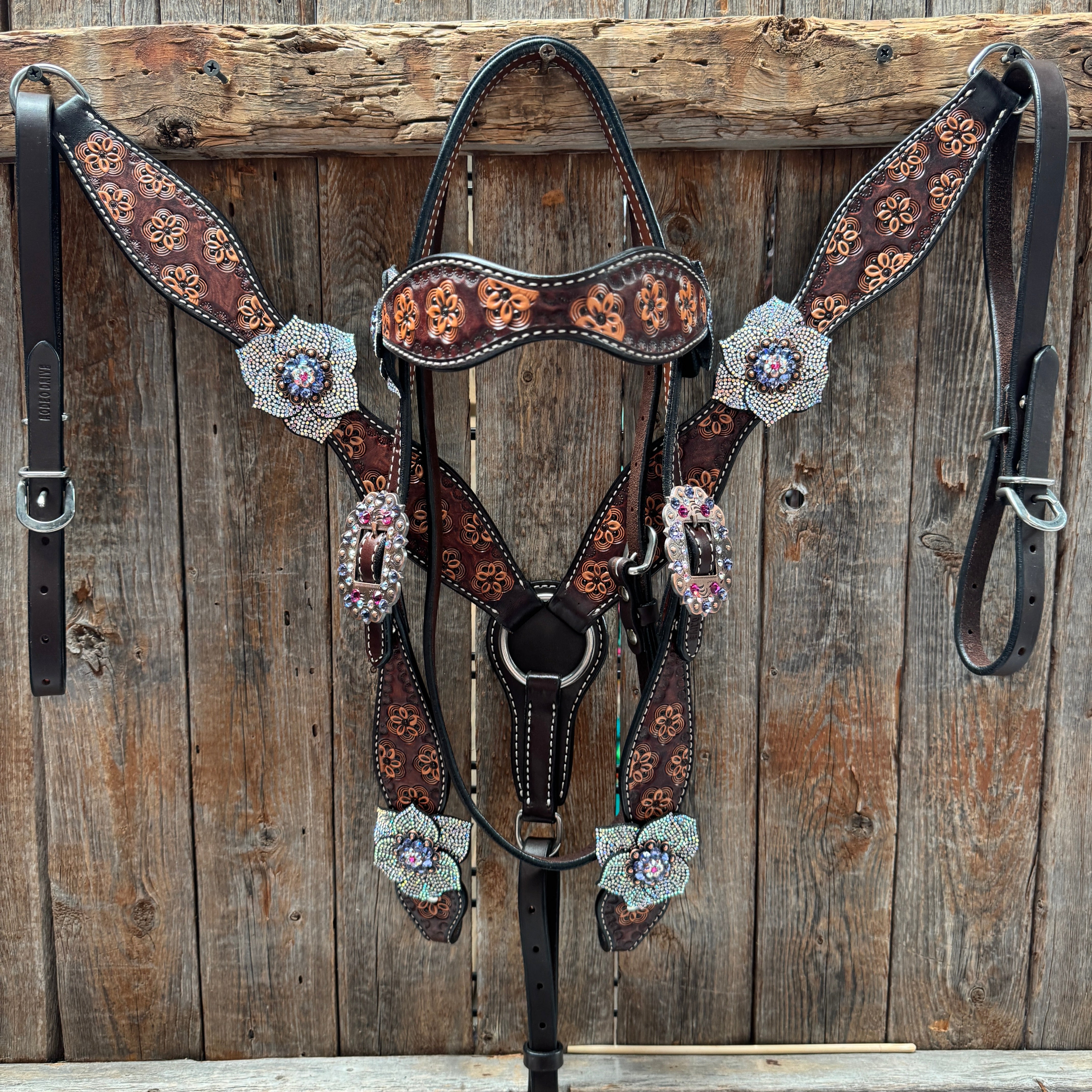 Flower Power Fuchsia, AB and Lilac Browband Headstall & Breastcollar Tack Set #BBBC466