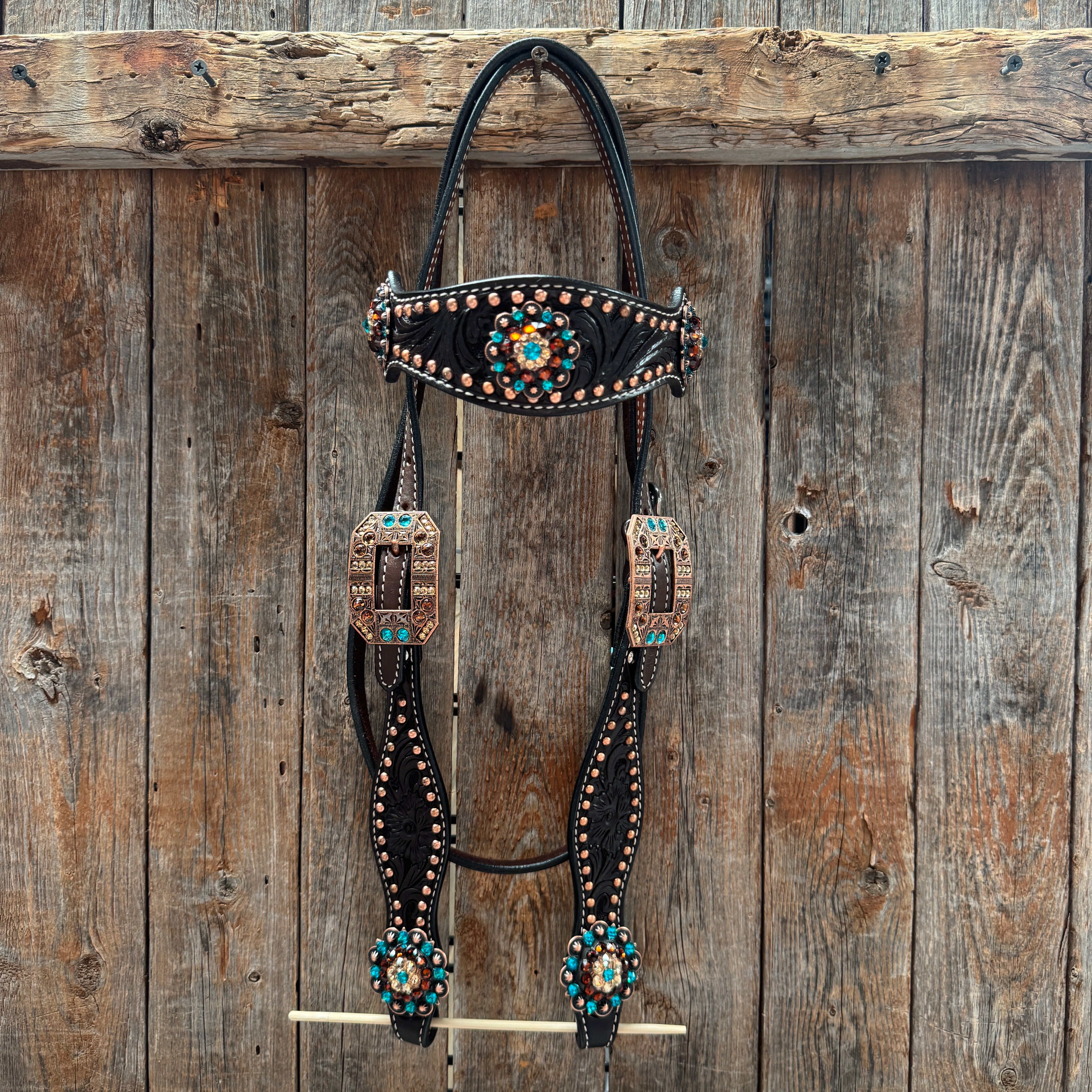 Dark Oil Floral Copper Dot Teal and Champagne Browband / Breastcollar Tack Set #BBBC473