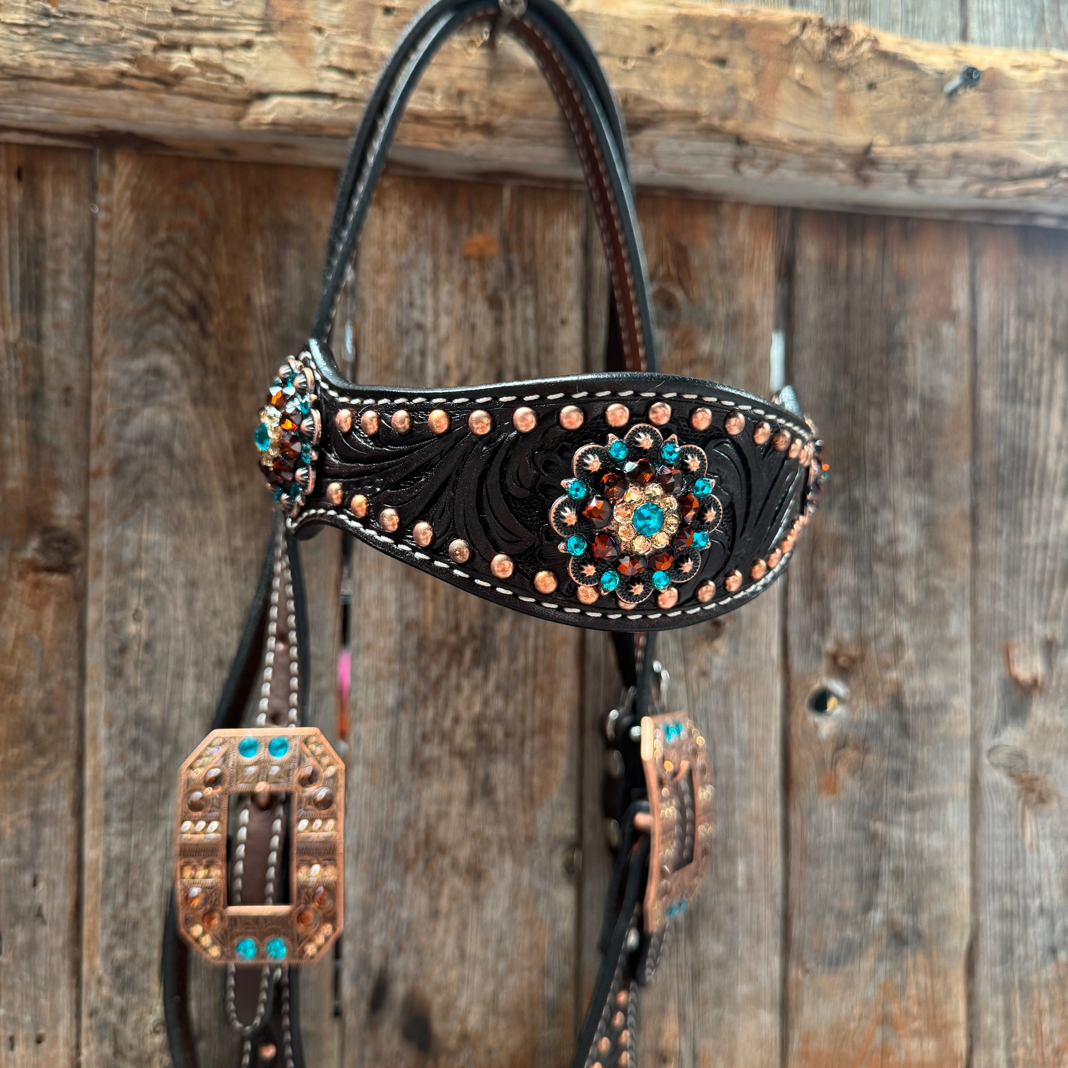 Dark Oil Floral Copper Dot Teal and Champagne Browband / Breastcollar Tack Set #BBBC473