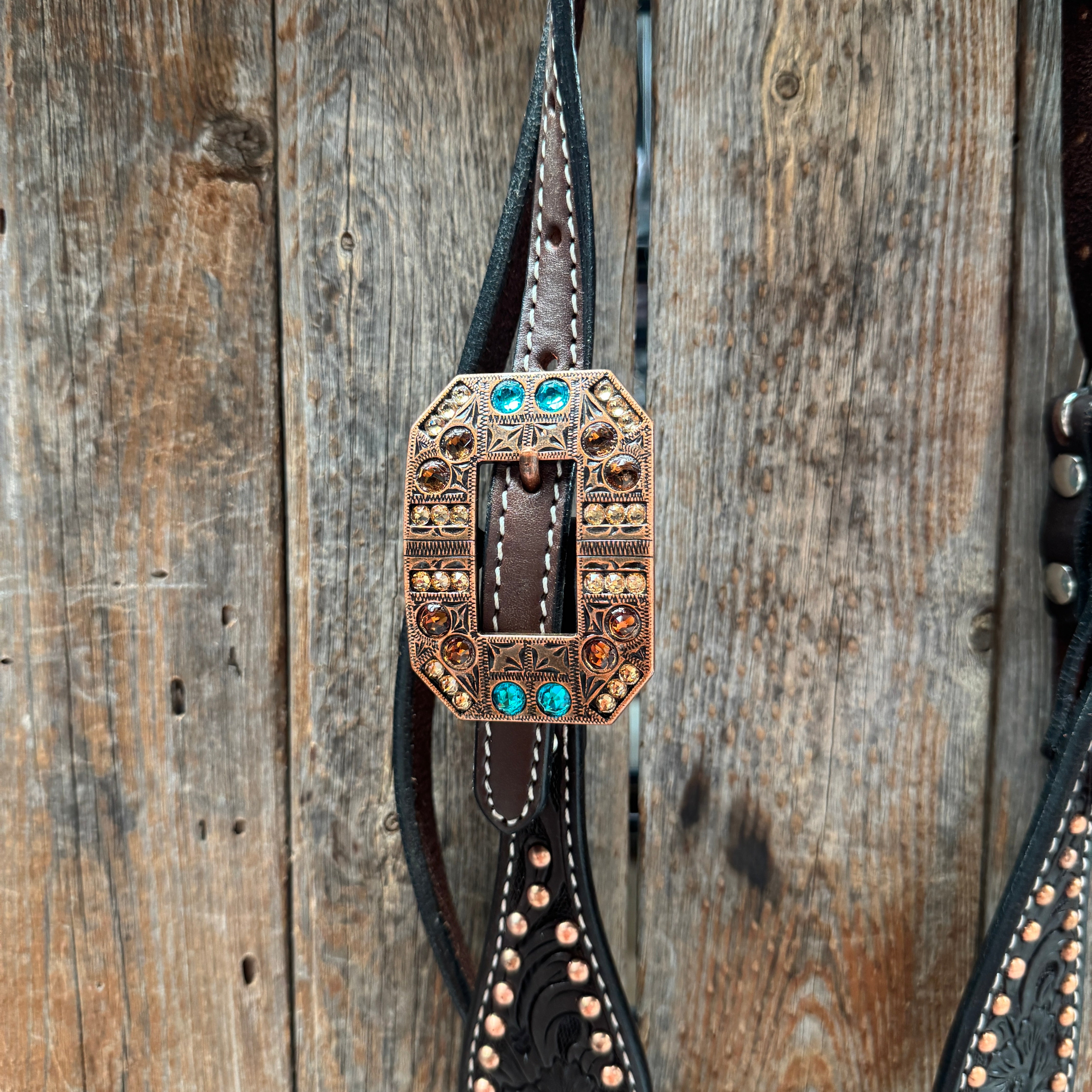 Dark Oil Floral Copper Dot Teal and Champagne Browband / Breastcollar Tack Set #BBBC473