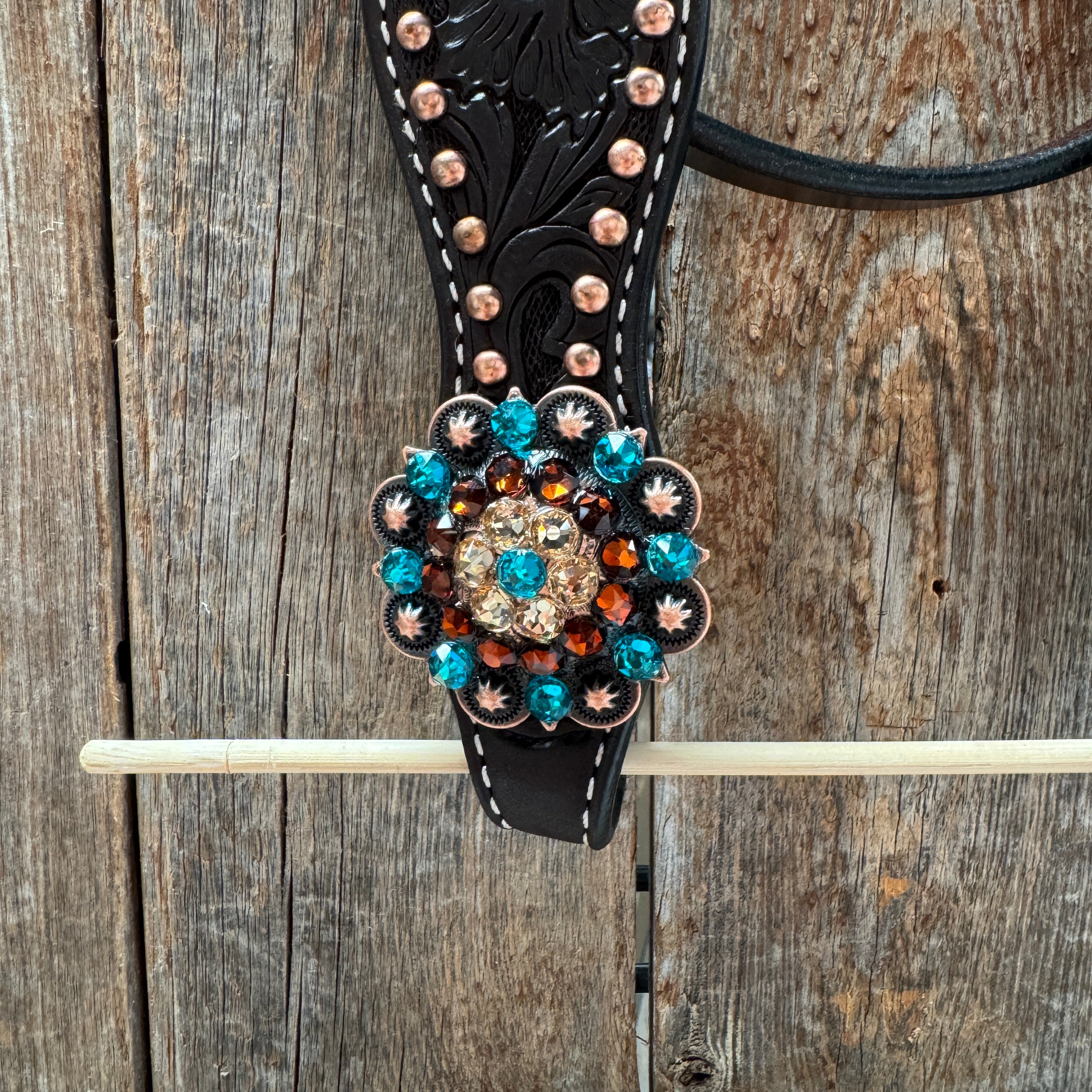 Dark Oil Floral Copper Dot Teal and Champagne Browband / Breastcollar Tack Set #BBBC473