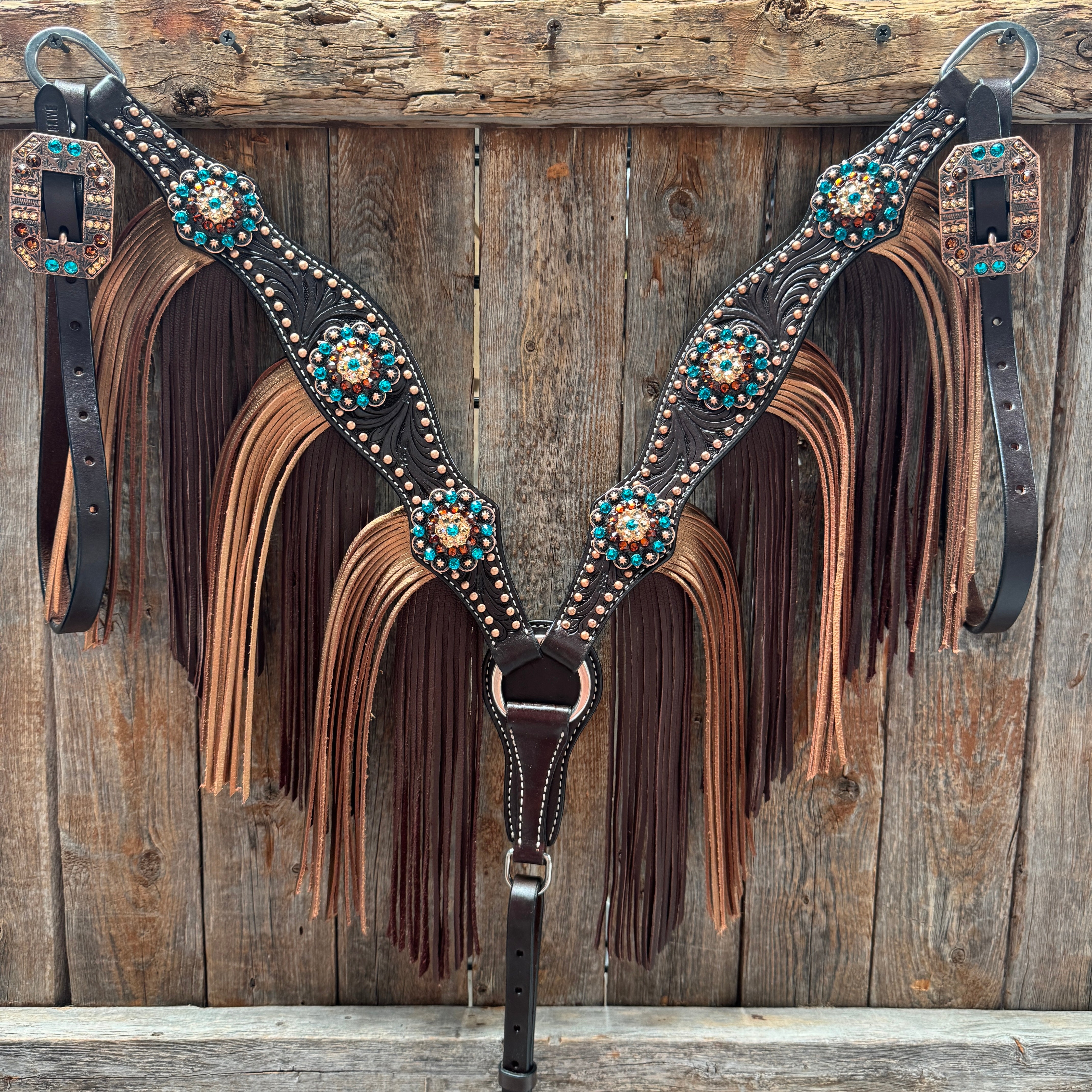 Dark Oil Floral Copper Dot Teal and Champagne Browband / Breastcollar Tack Set #BBBC473