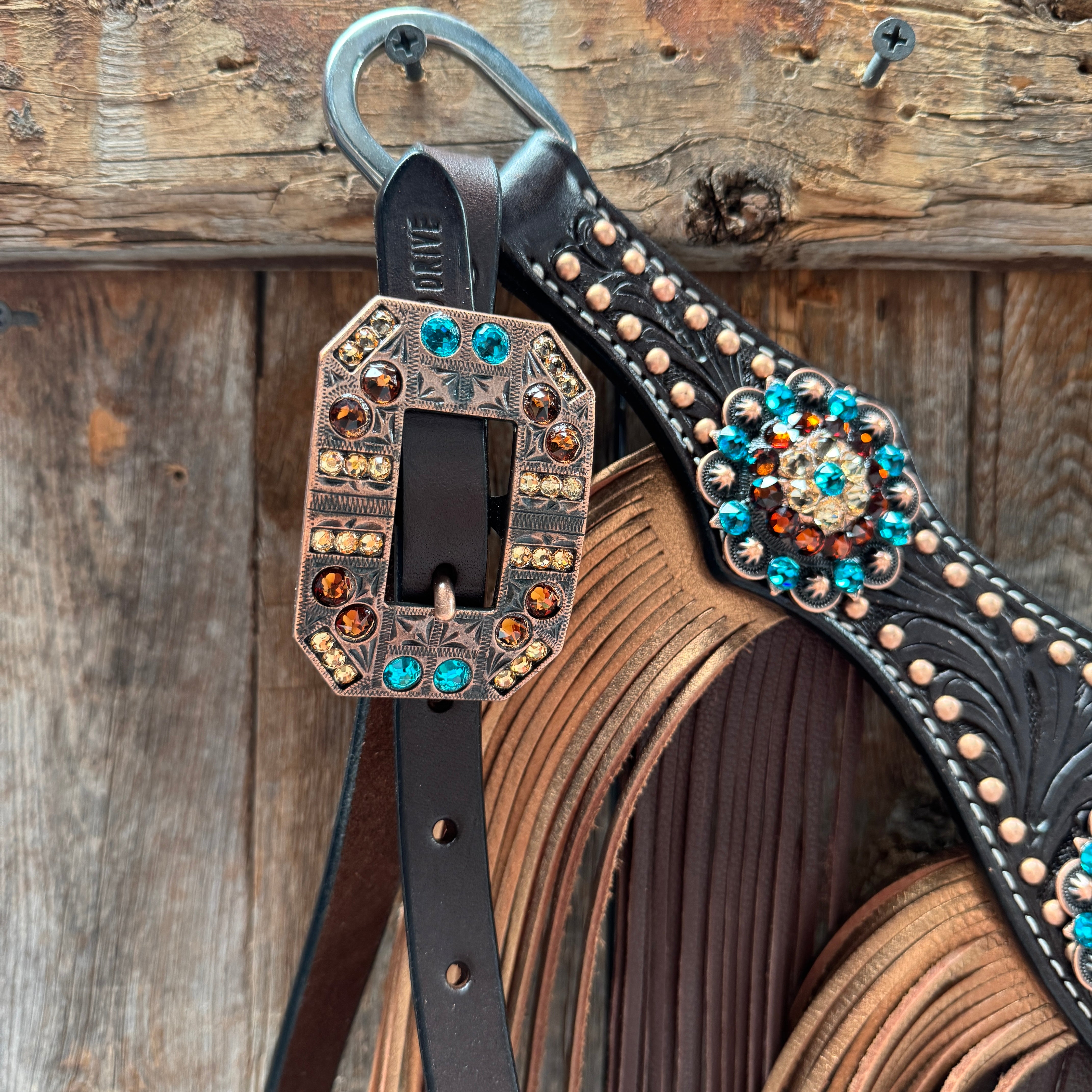 Dark Oil Floral Copper Dot Teal and Champagne Browband / Breastcollar Tack Set #BBBC473