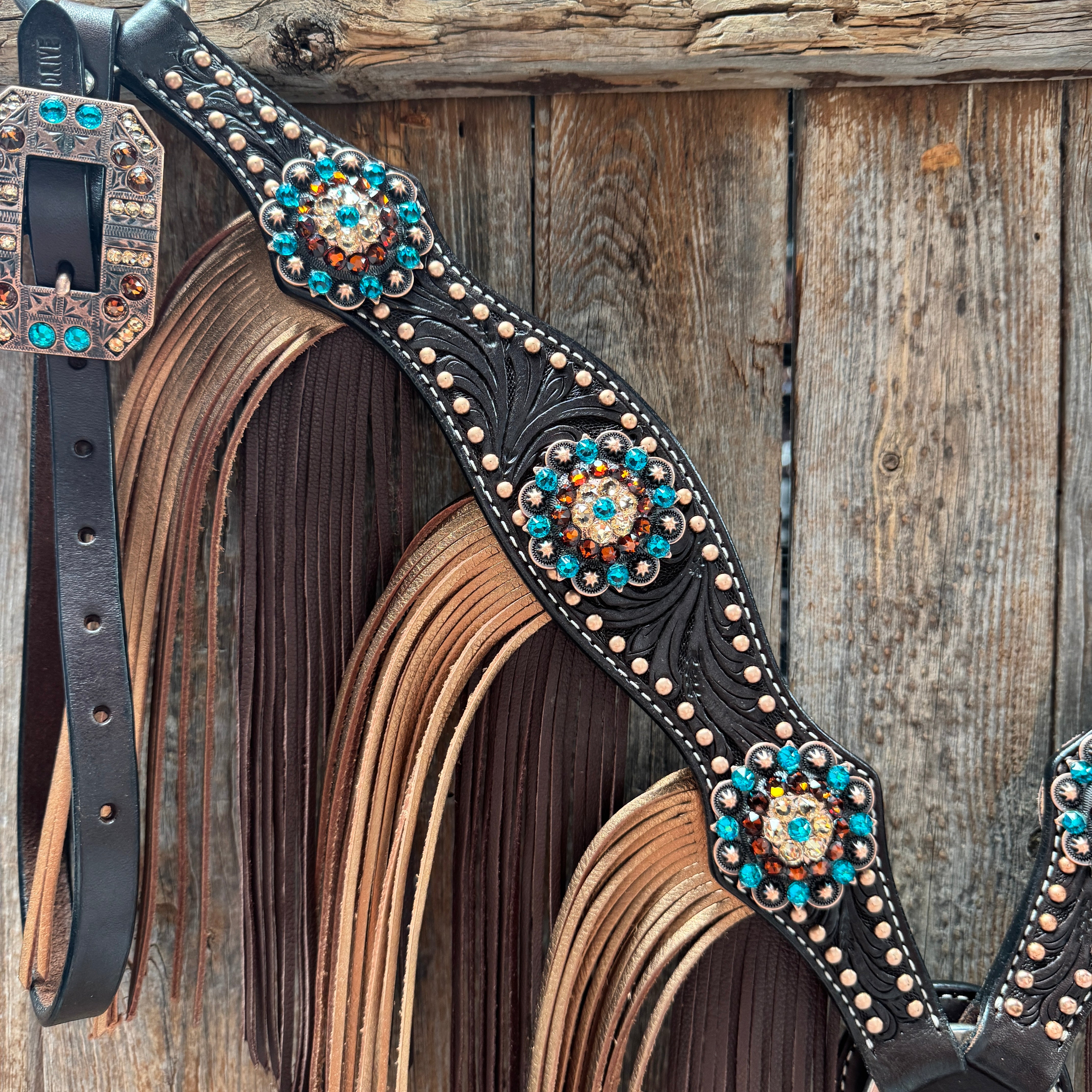 Dark Oil Floral Copper Dot Teal and Champagne Browband / Breastcollar Tack Set #BBBC473