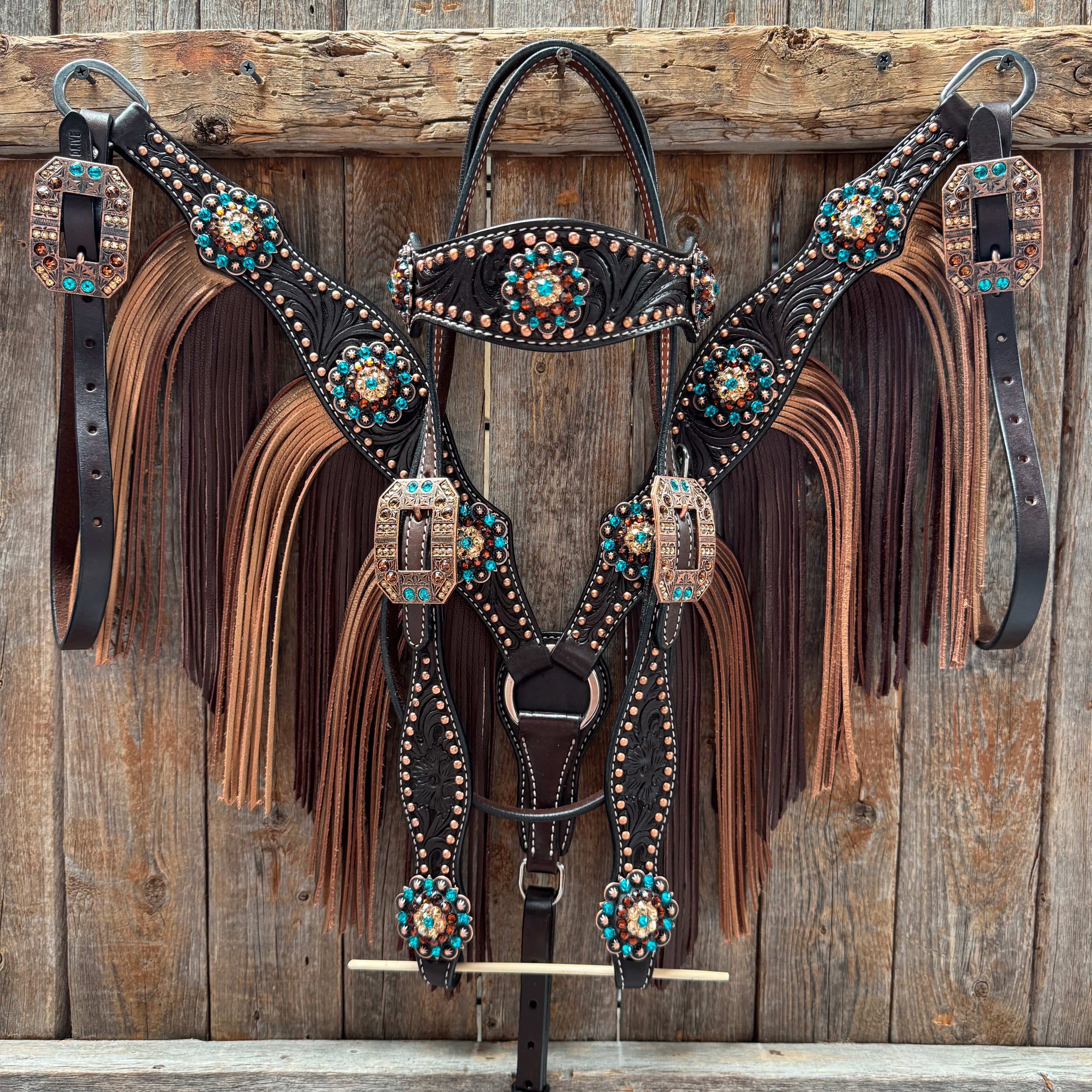 Dark Oil Floral Copper Dot Teal and Champagne Browband / Breastcollar Tack Set #BBBC473