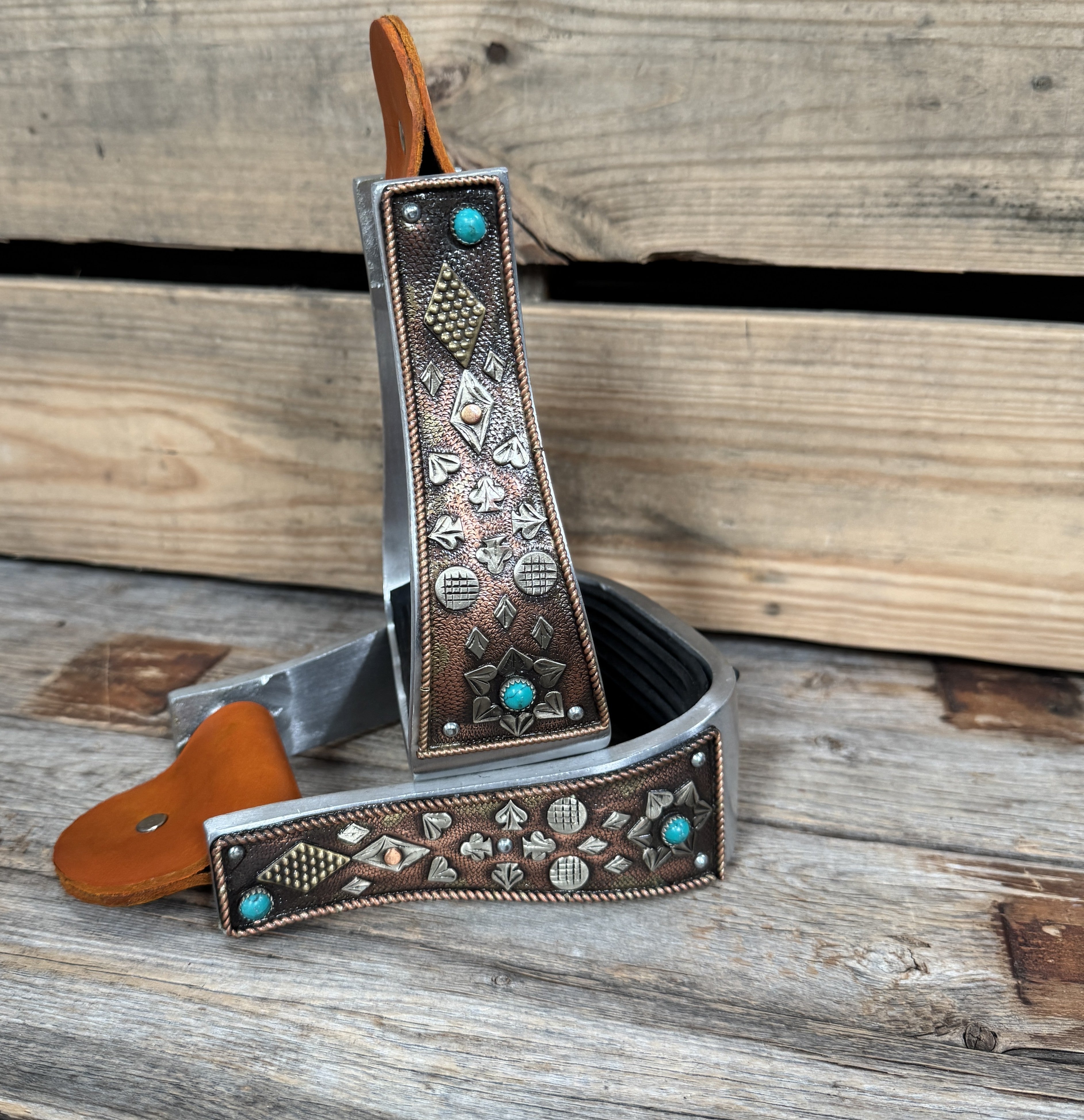 Hand Engraved Copper and Turquoise Barrel Racing Western Stirrups BRS100