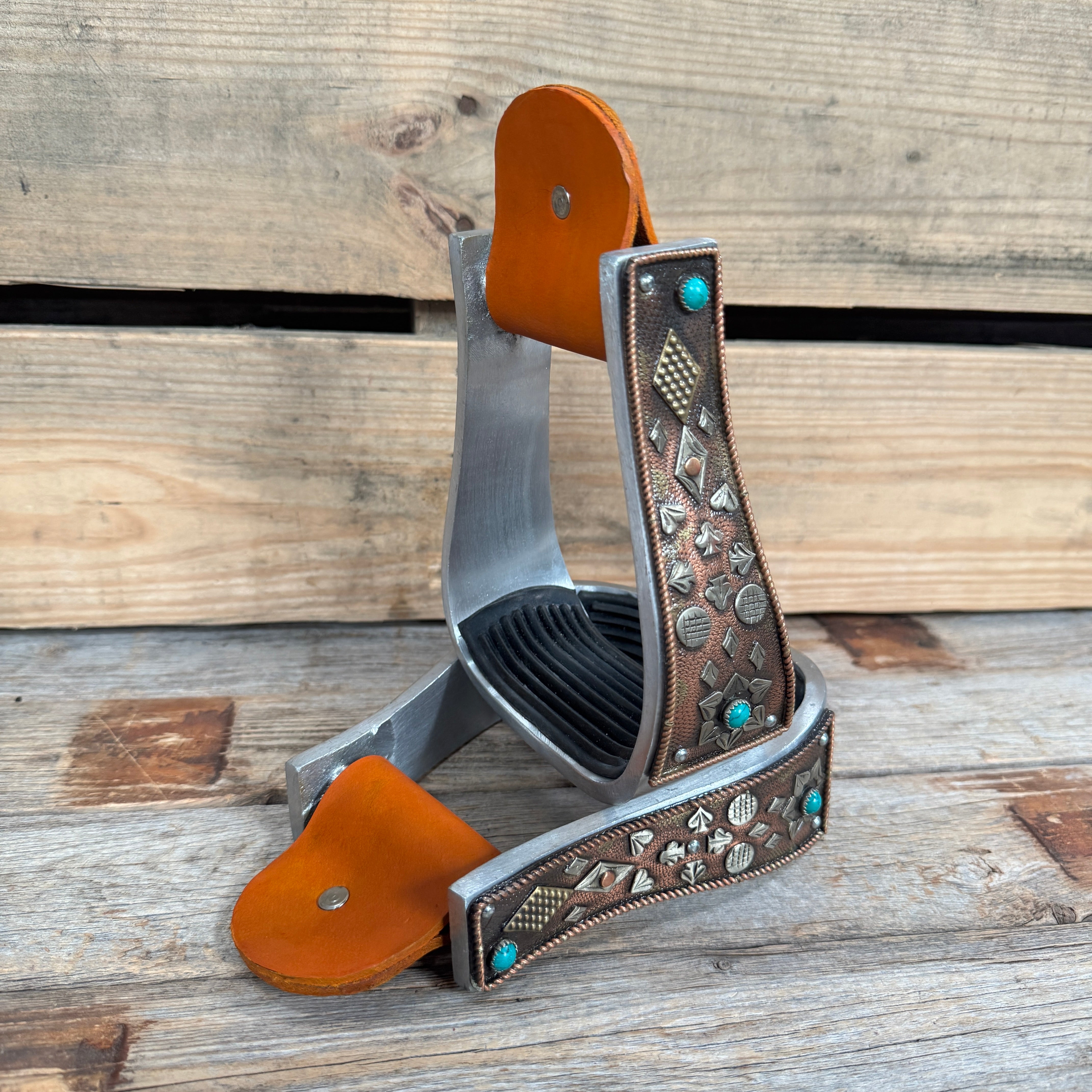 Hand Engraved Copper and Turquoise Barrel Racing Western Stirrups BRS100