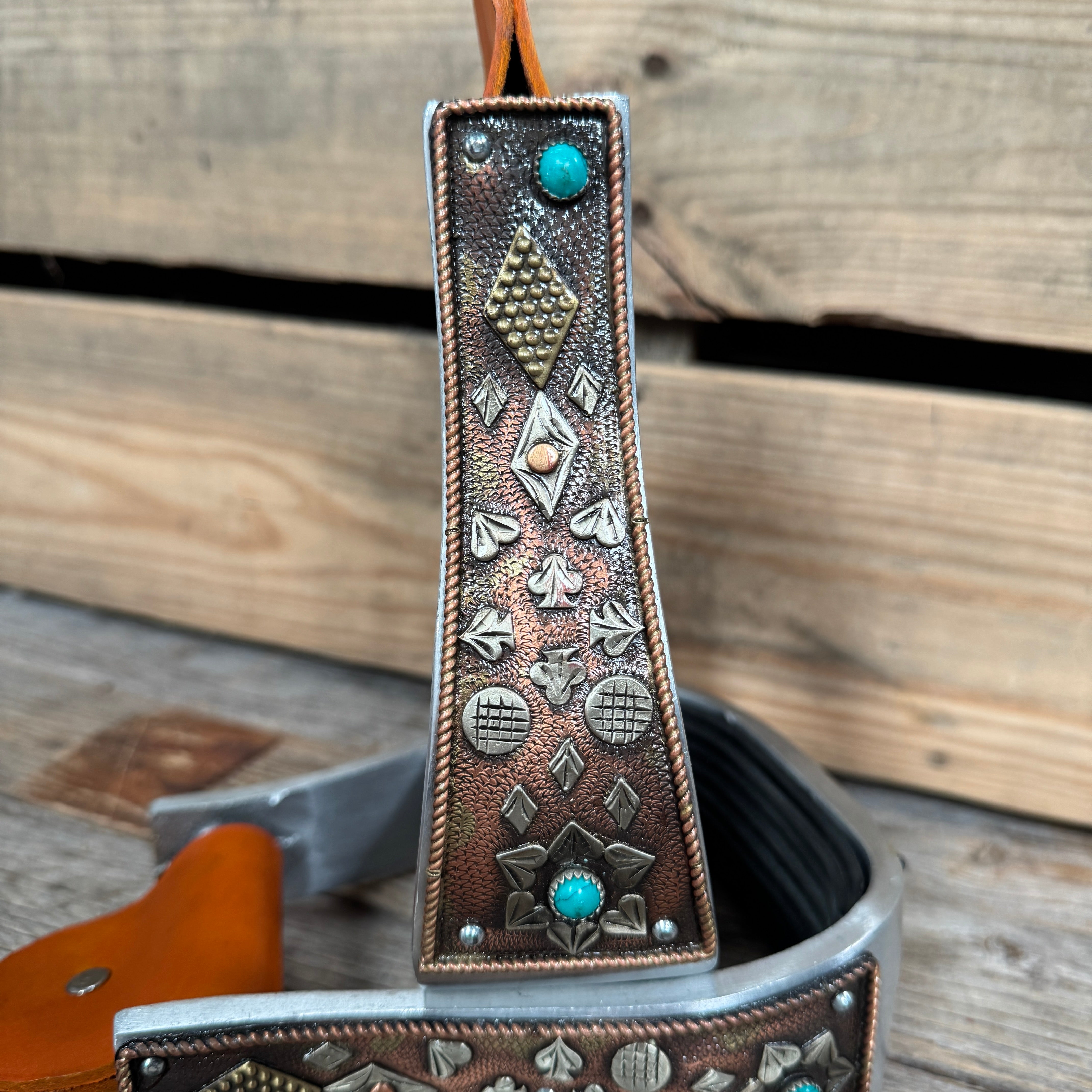 Hand Engraved Copper and Turquoise Barrel Racing Western Stirrups BRS100