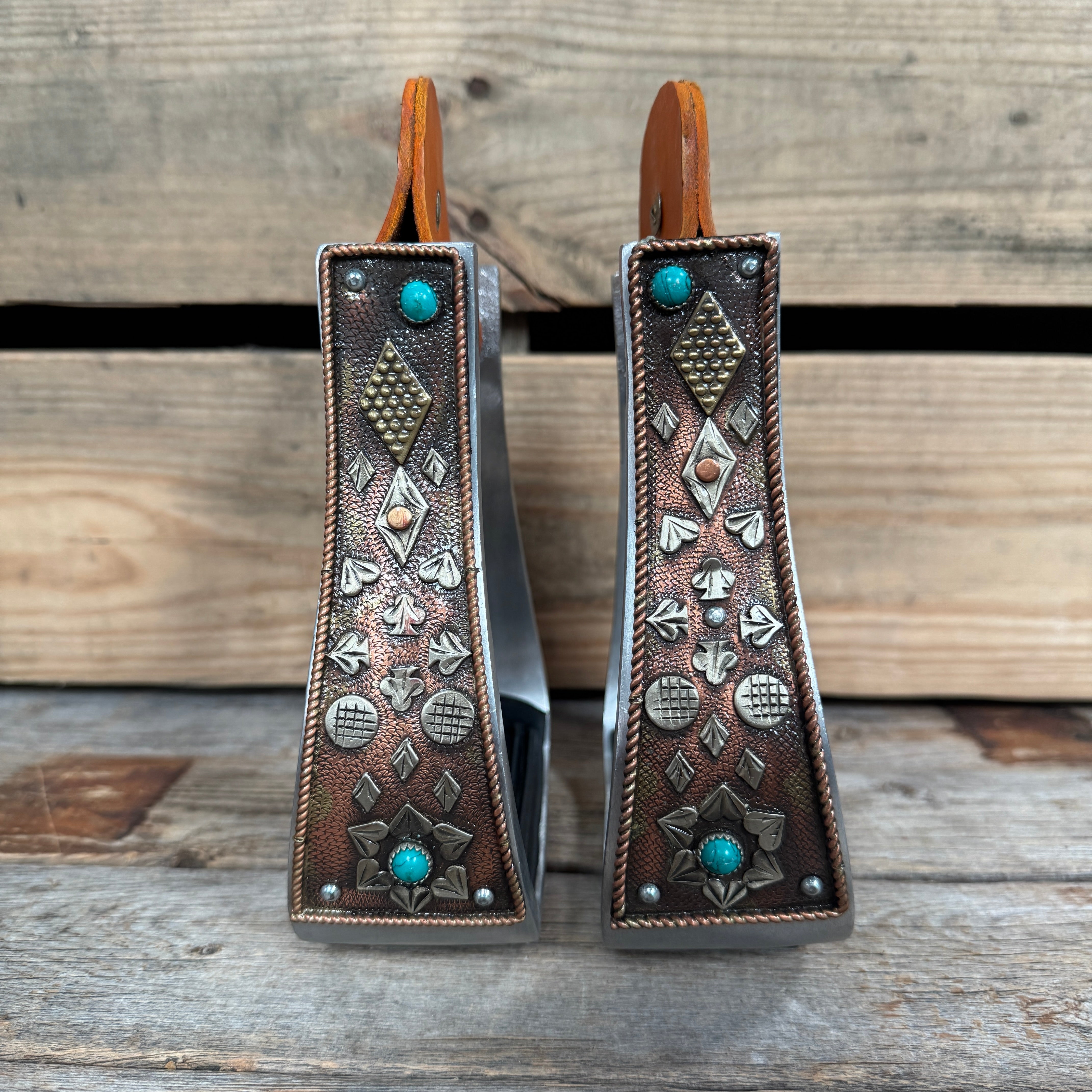 Hand Engraved Copper and Turquoise Barrel Racing Western Stirrups BRS100
