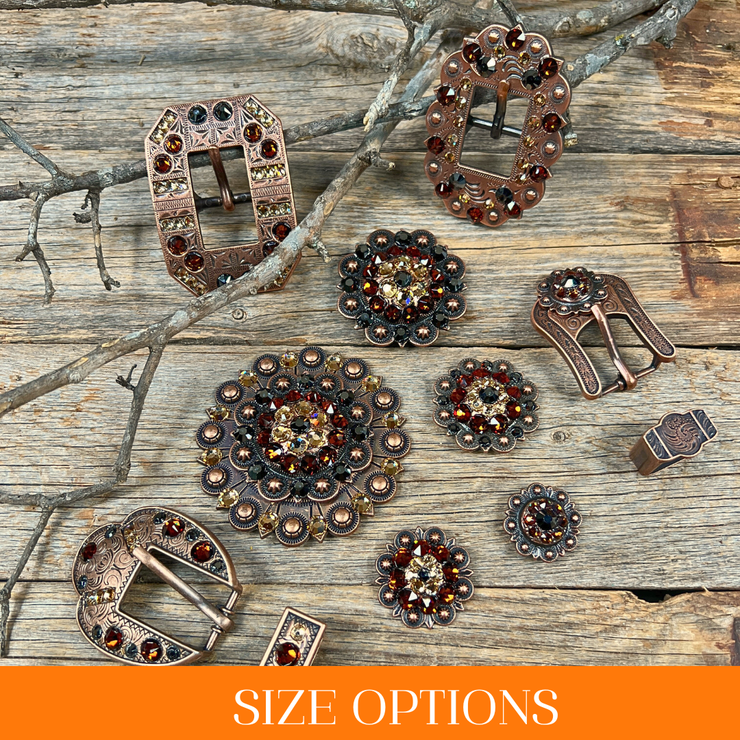Copper Jet - Champagne - Topaz - Crystal Conchos Sizes from 1"-3" and Buckles