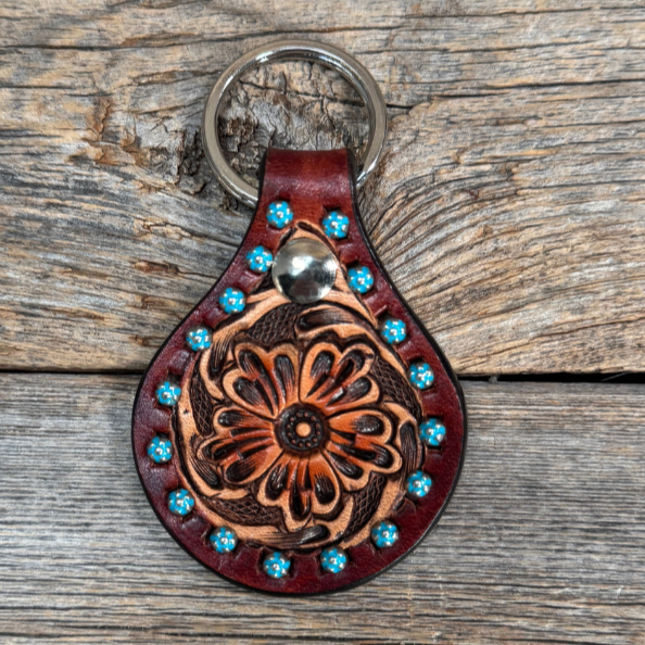 Floral Turquoise Studded Leather Key Chain