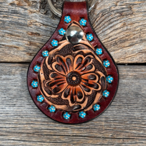 Floral Turquoise Studded Leather Key Chain