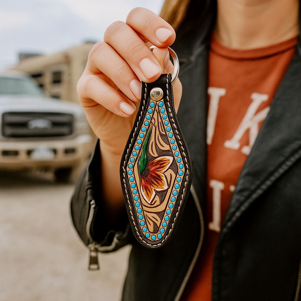 Hand holding a decorative keychain with a floral design in an outdoor setting