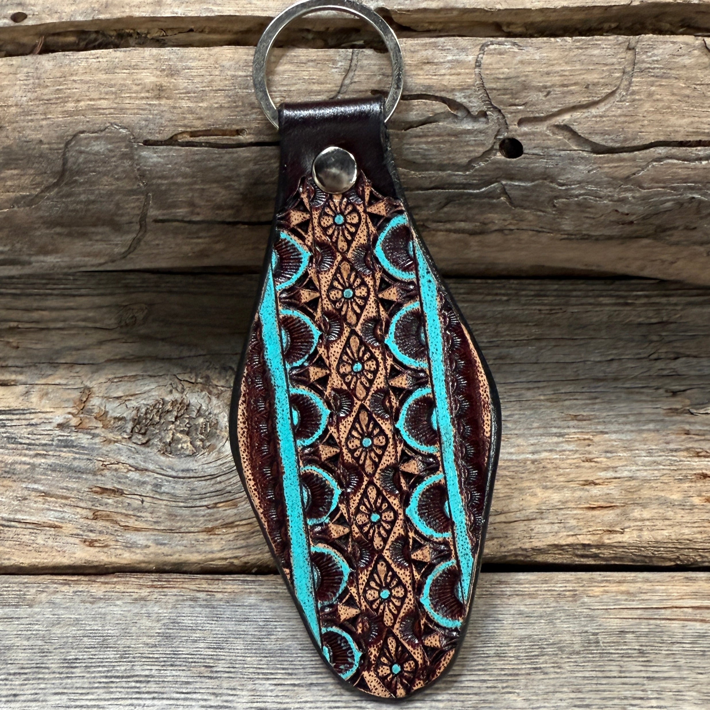 Turquoise and Brown Leather Hand Painted Key Chain