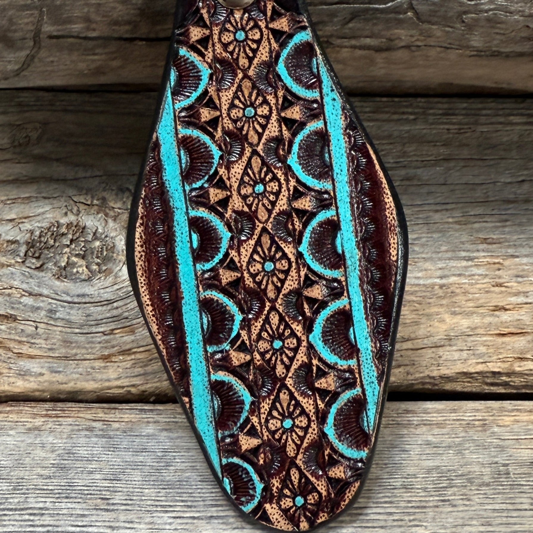 Turquoise and Brown Leather Hand Painted Key Chain