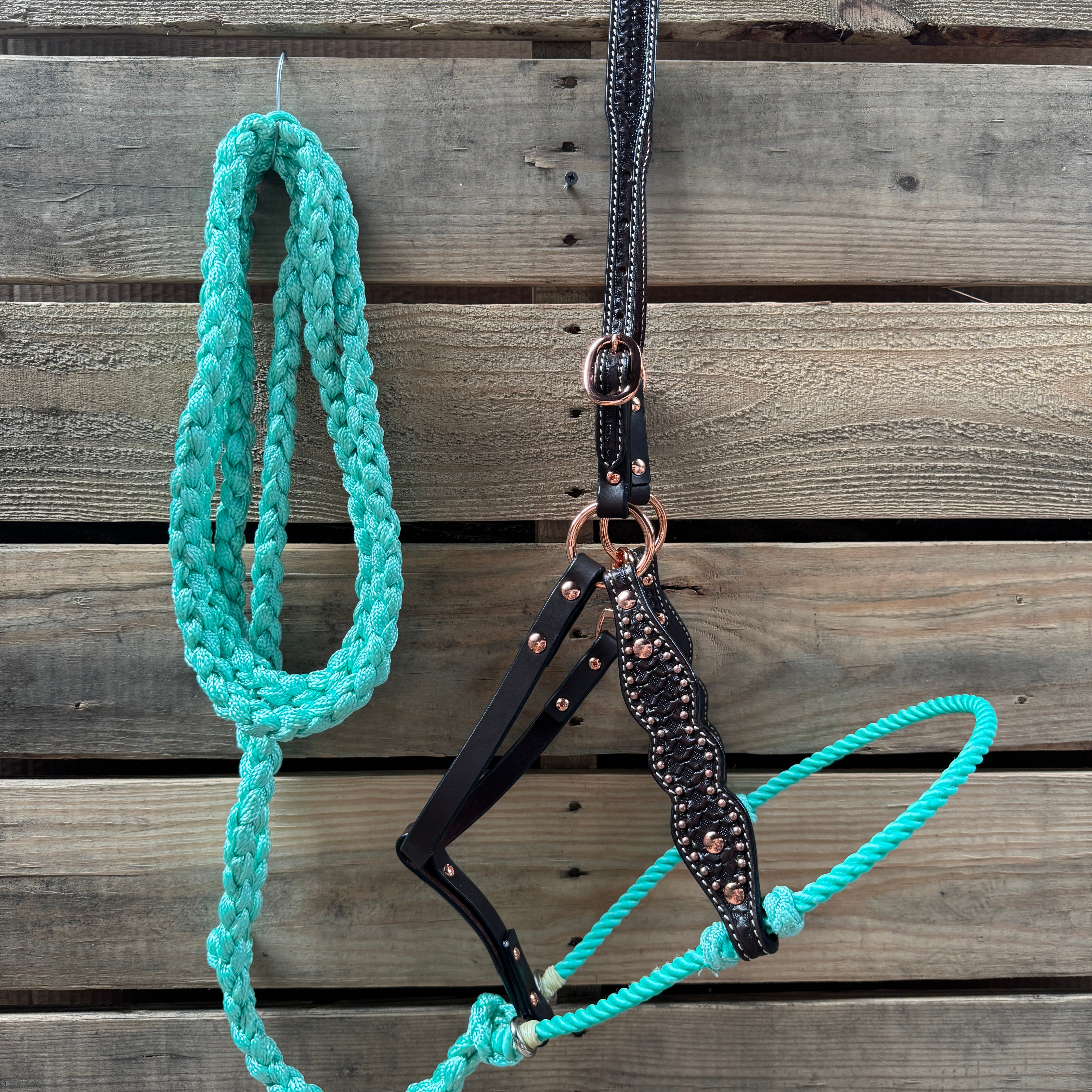 Seafoam Honeycomb Tooled Lariat & Leather Combo Halter