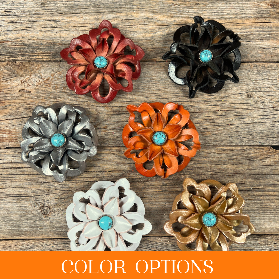 Hand Painted Leather Flowers - Lotus - Round Turquoise Cabochons