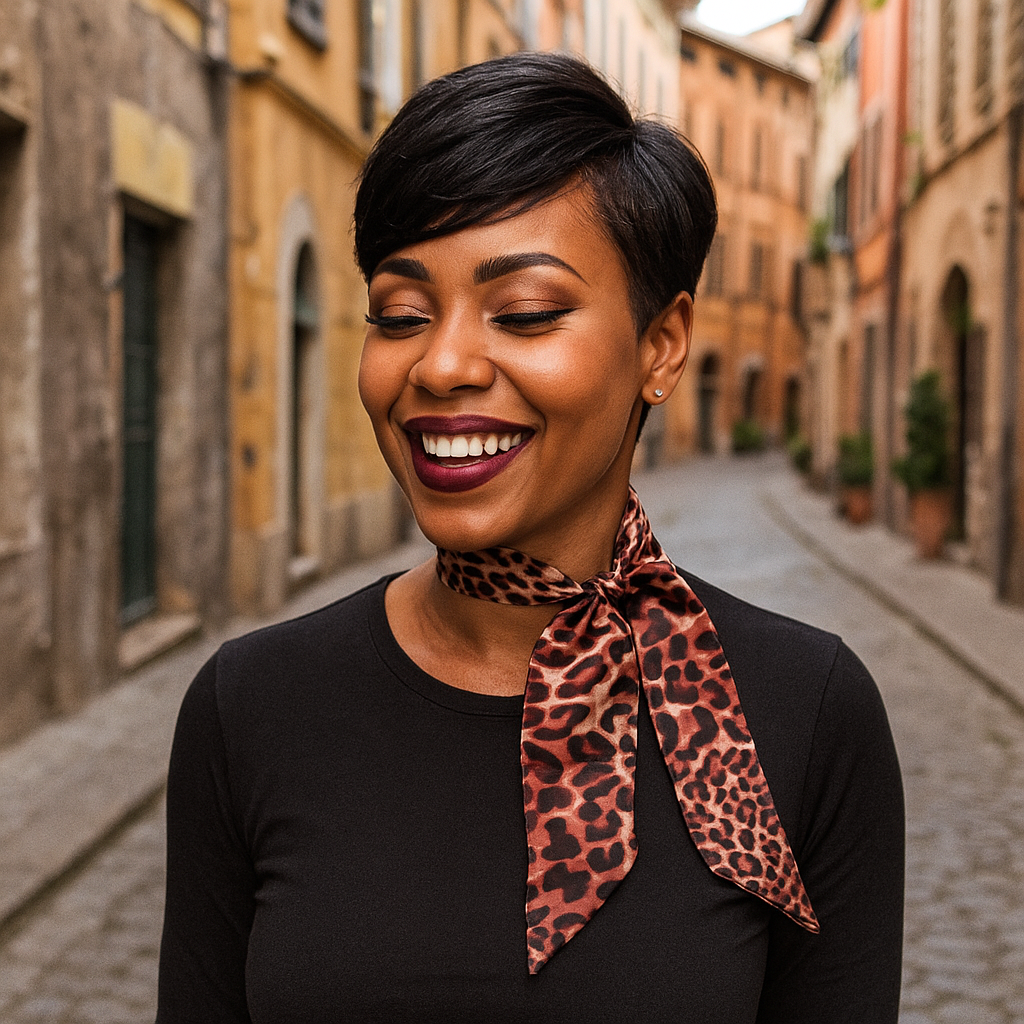 Woman with a leopard print scarf smiling on a street