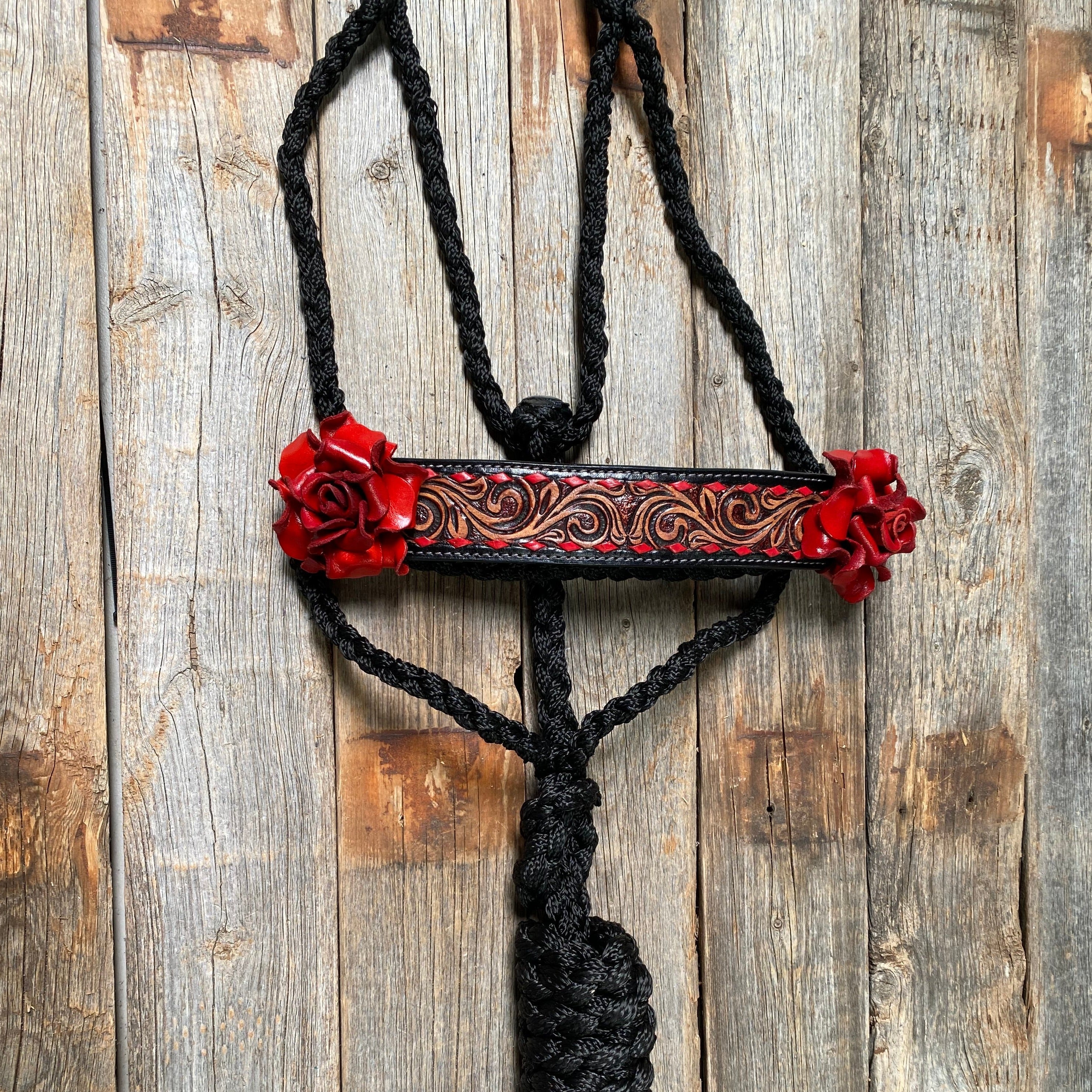 Mule Tape Halter -Leather Noseband - Large Roses