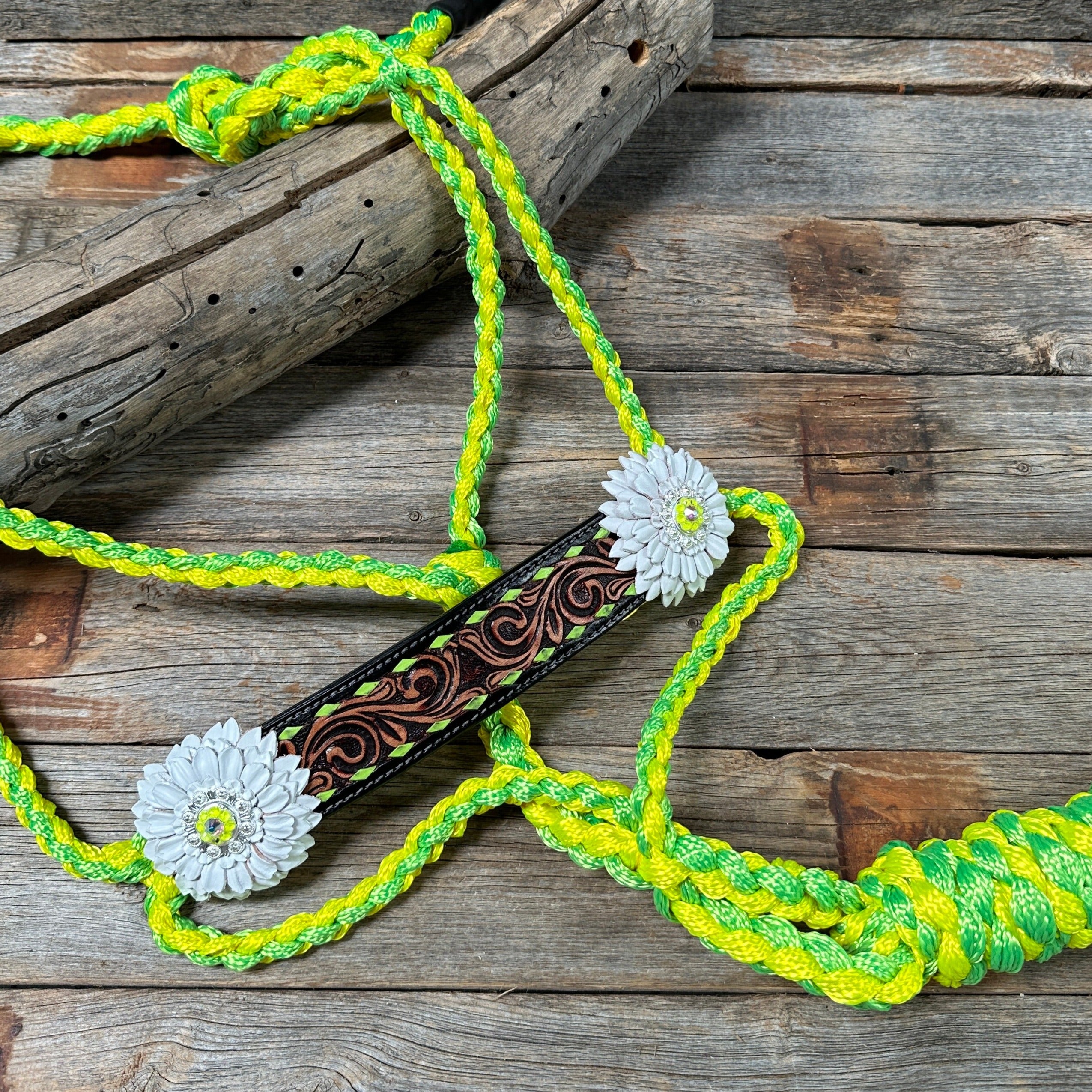 Yellow and Lime Mule Tape Halter - White Daisy #MT217