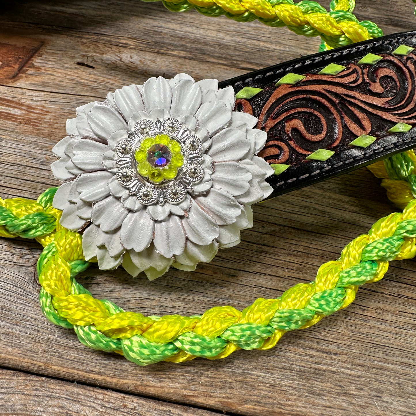 Yellow and Lime Mule Tape Halter - White Daisy #MT217