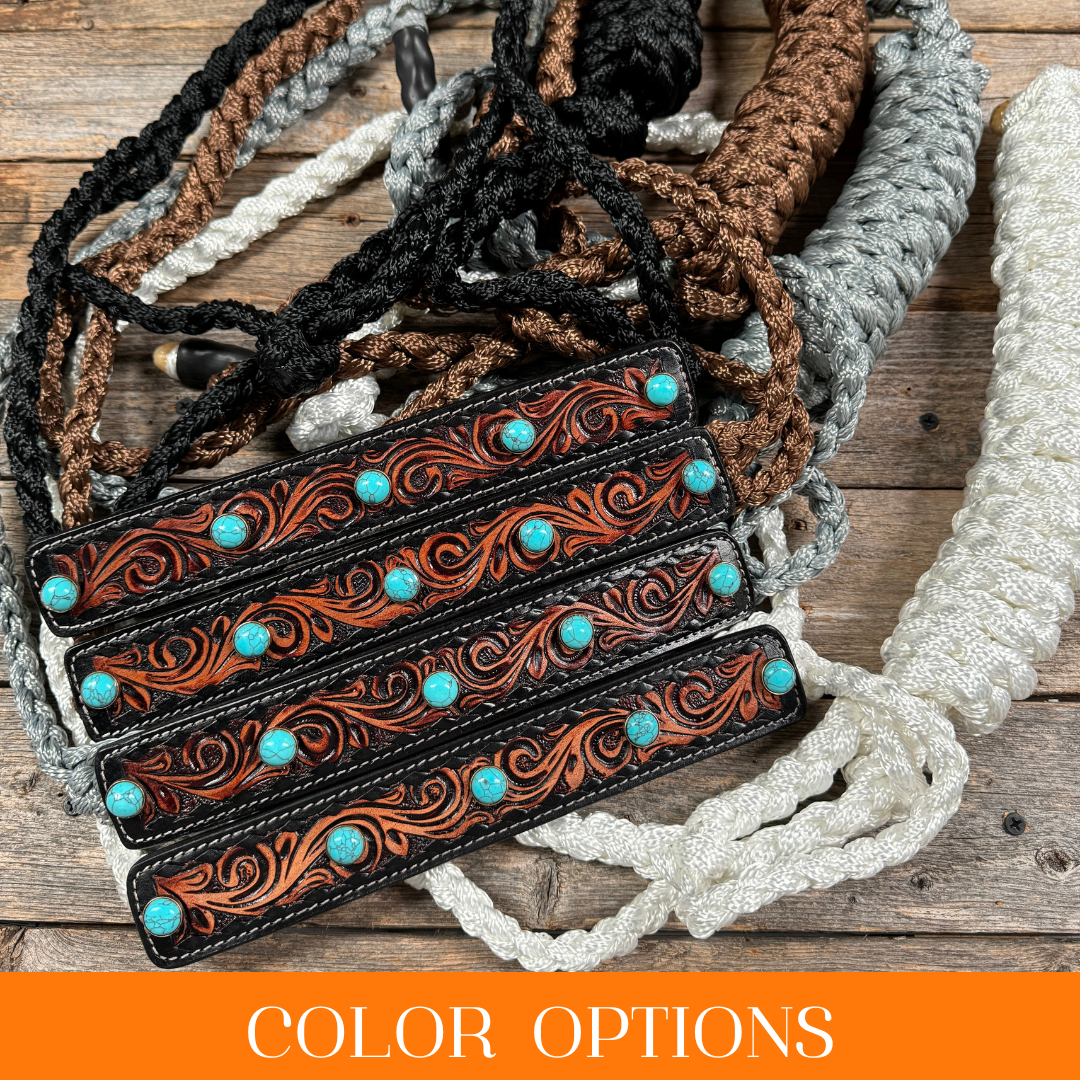 Mule Tape Halter - Leather Noseband and Round Turquoise Cabochon Conchos