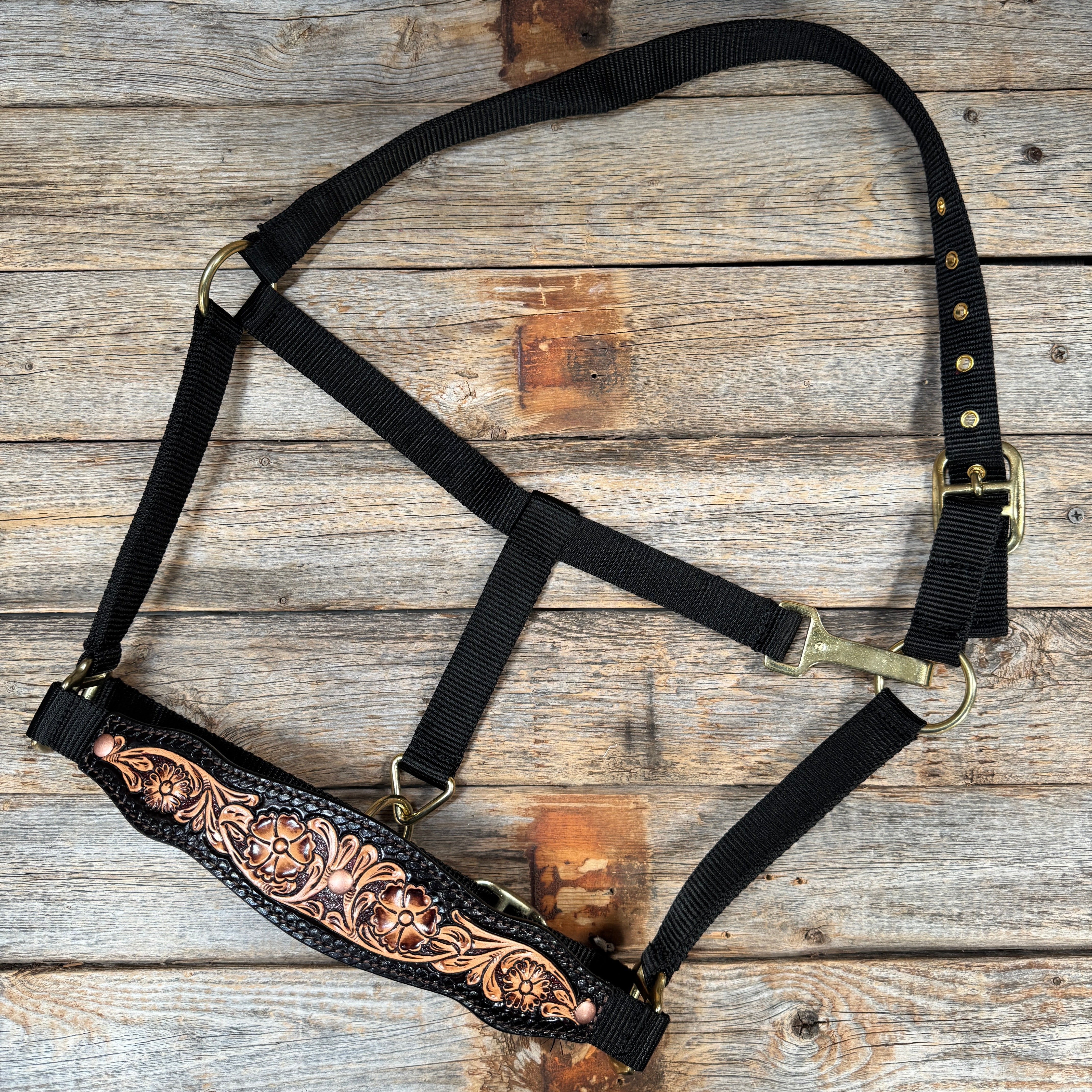 Black Nylon Halter with Floral Leather Noseband #NH116