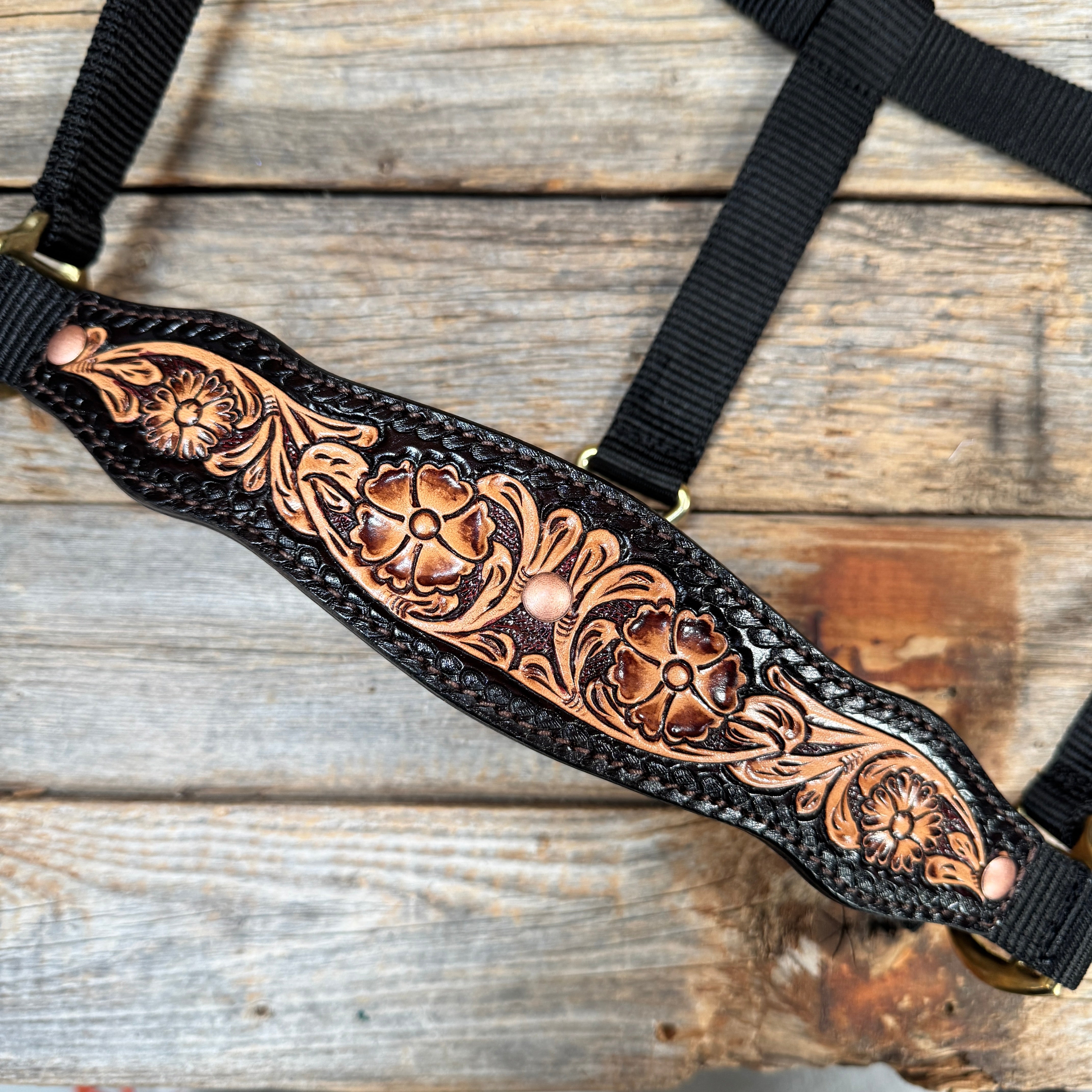 Black Nylon Halter with Floral Leather Noseband #NH116