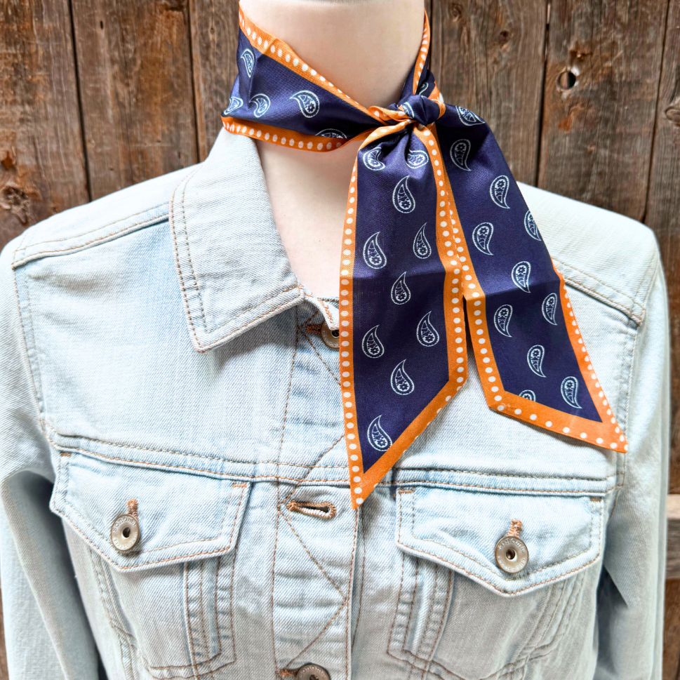 Navy and Rust Paisley Wild_Rag_Scarf_for_NFR_Cowgirls_Rodeo_Drive_Conchos