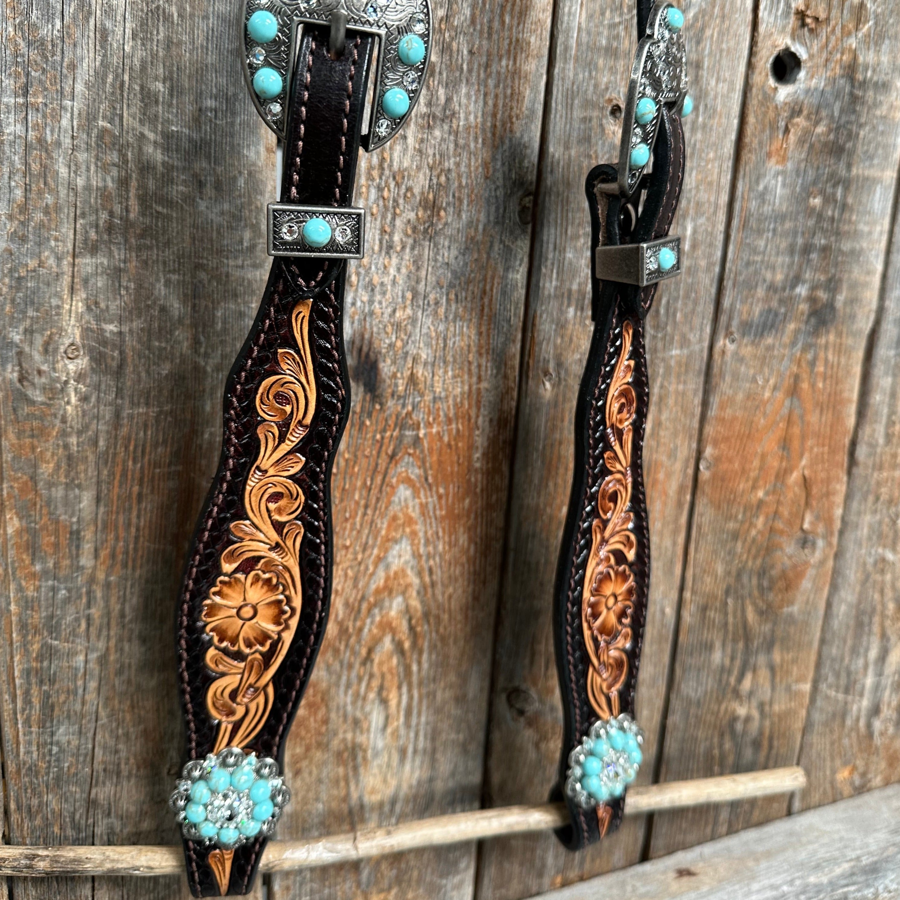 Two Tone Floral Turquoise & Clear One Ear / Browband Breastcollar Tack Set #OEBC579