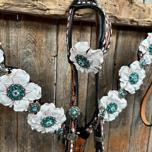 Classic Teal & White One Ear / Breastcollar #OEBC548 - RODEO DRIVE