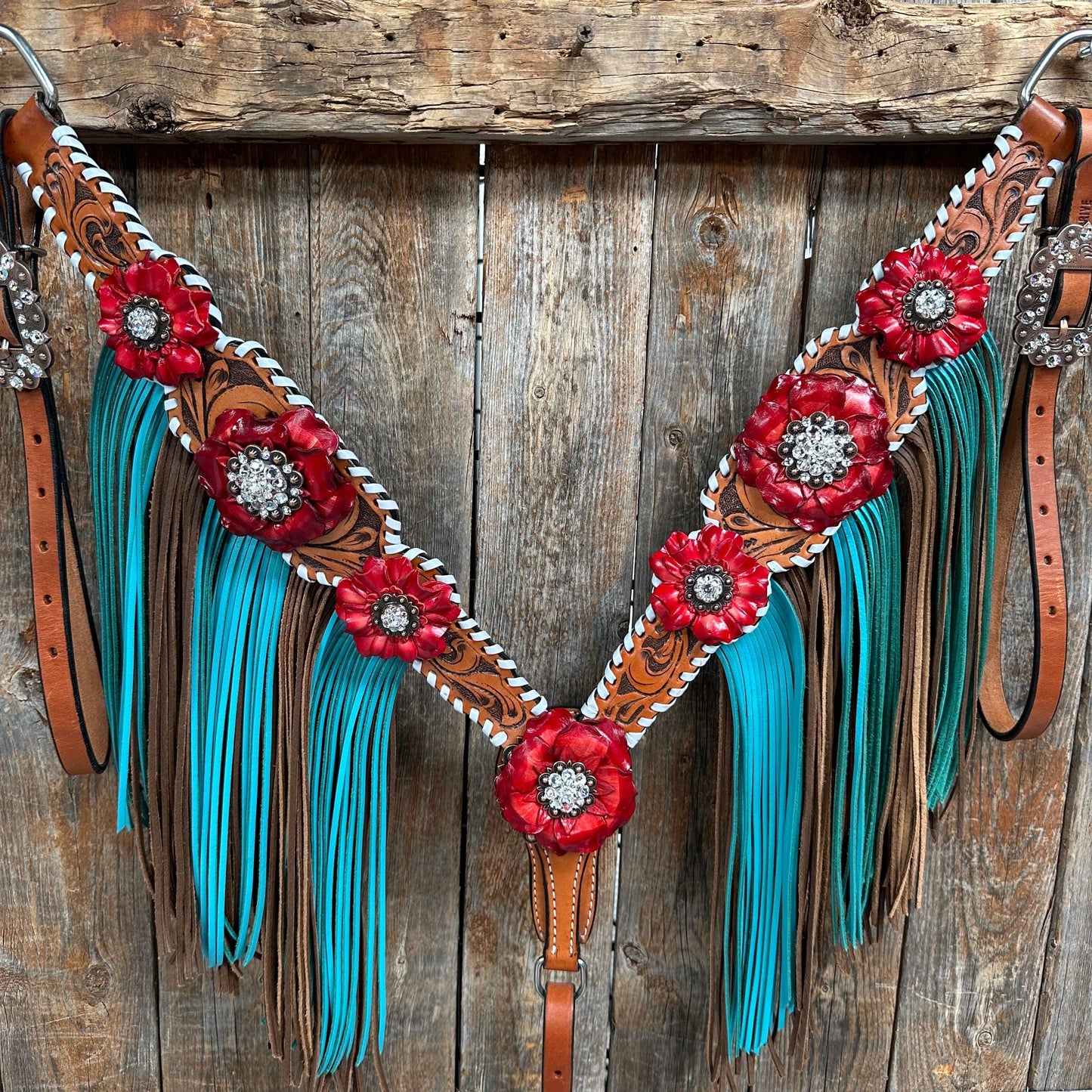 Light Oil Whipstitch Red and Turquoise One Ear/ Breastcollar #OEBC549 - RODEO DRIVE