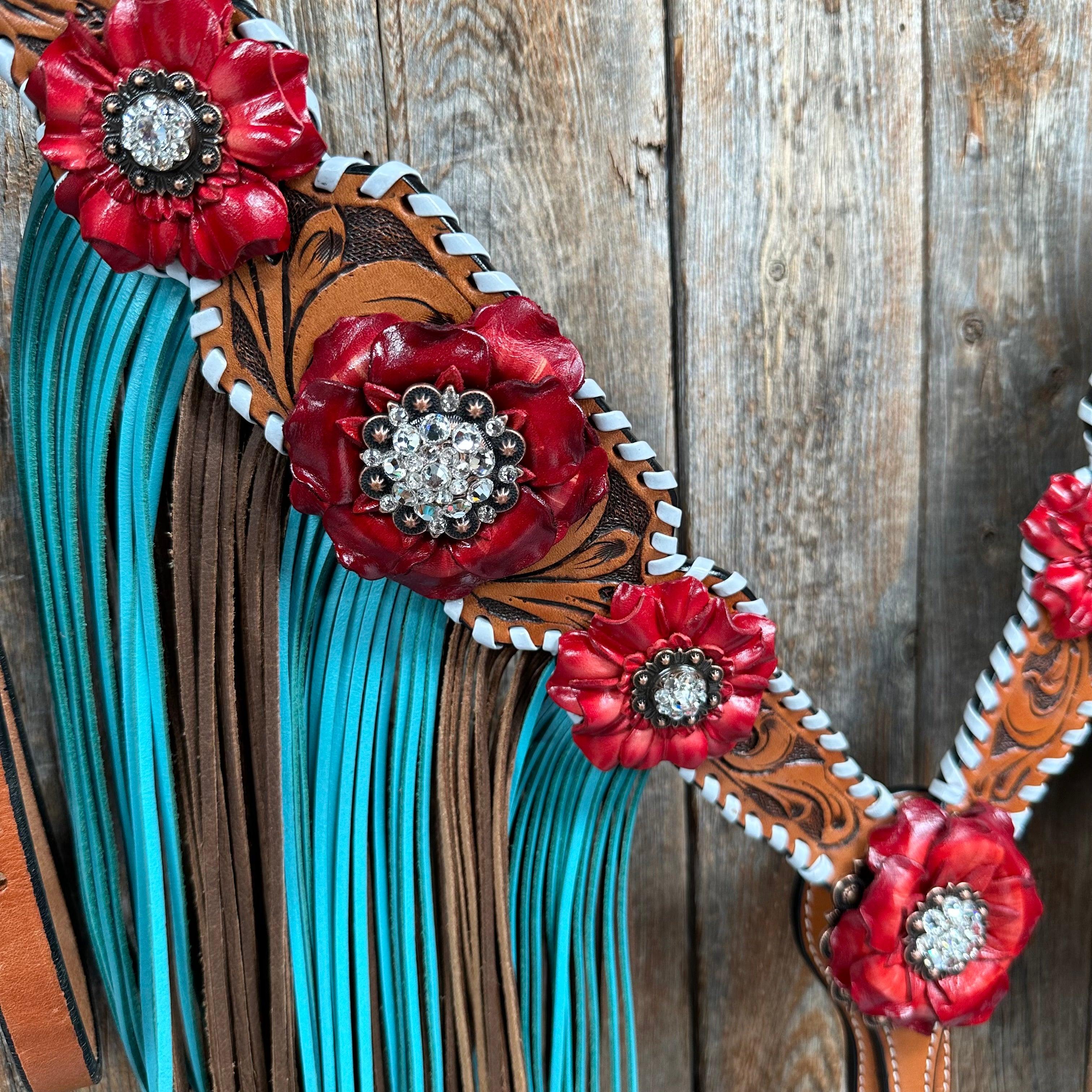 Light Oil Whipstitch Red and Turquoise One Ear/ Breastcollar #OEBC549 - RODEO DRIVE
