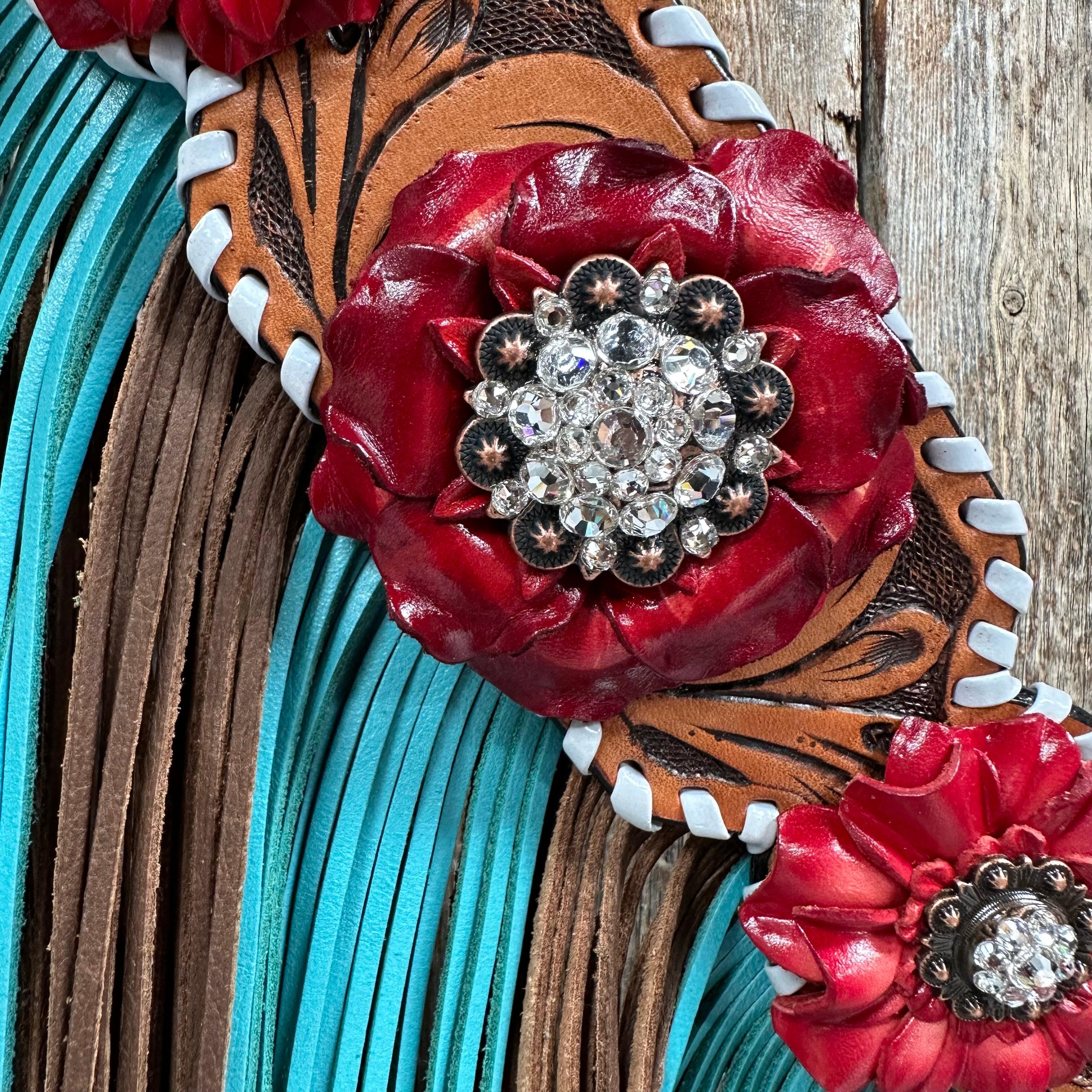Light Oil Whipstitch Red and Turquoise One Ear/ Breastcollar #OEBC549 - RODEO DRIVE